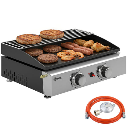 Portable Tabletop Gas Grill, 5 kW, 2 Burners, Ceramic-Coated Griddle, Warming Rack, Removable Grease Tray, Stainless Steel — Picnic & Balcony Grill