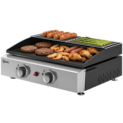 Portable Tabletop Gas Grill, 5 kW, 2 Burners, Ceramic-Coated Griddle, Warming Rack, Removable Grease Tray, Stainless Steel — Picnic & Balcony Grill