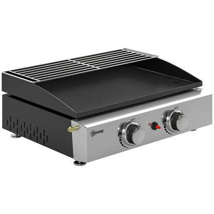 Portable Tabletop Gas Grill, 5 kW, 2 Burners, Ceramic-Coated Griddle, Warming Rack, Removable Grease Tray, Stainless Steel — Picnic & Balcony Grill