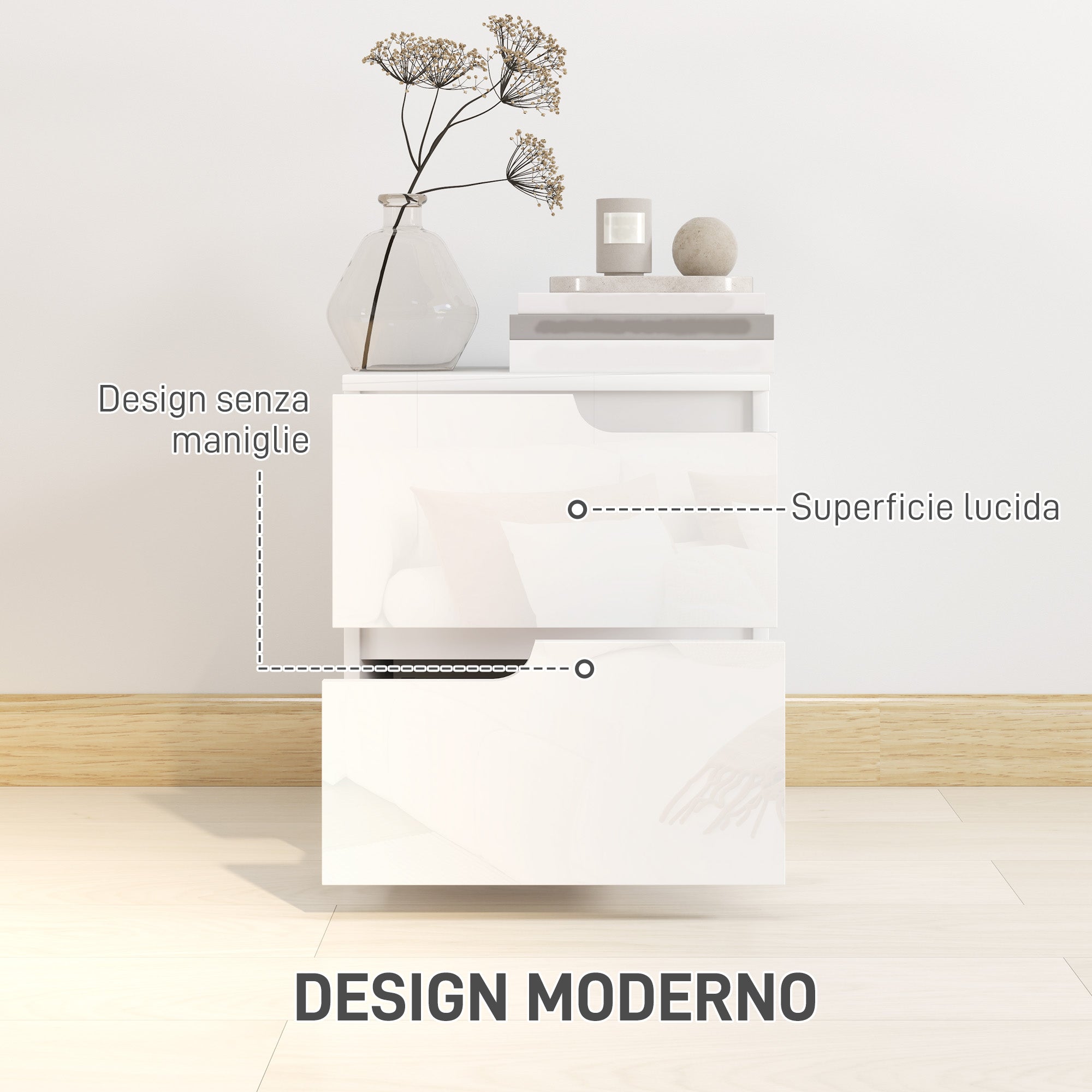Modern and Minimalist 2-Drawer Chest of Drawers, Chipboard Wood Dresser, 40x40x48 cm, Glossy White