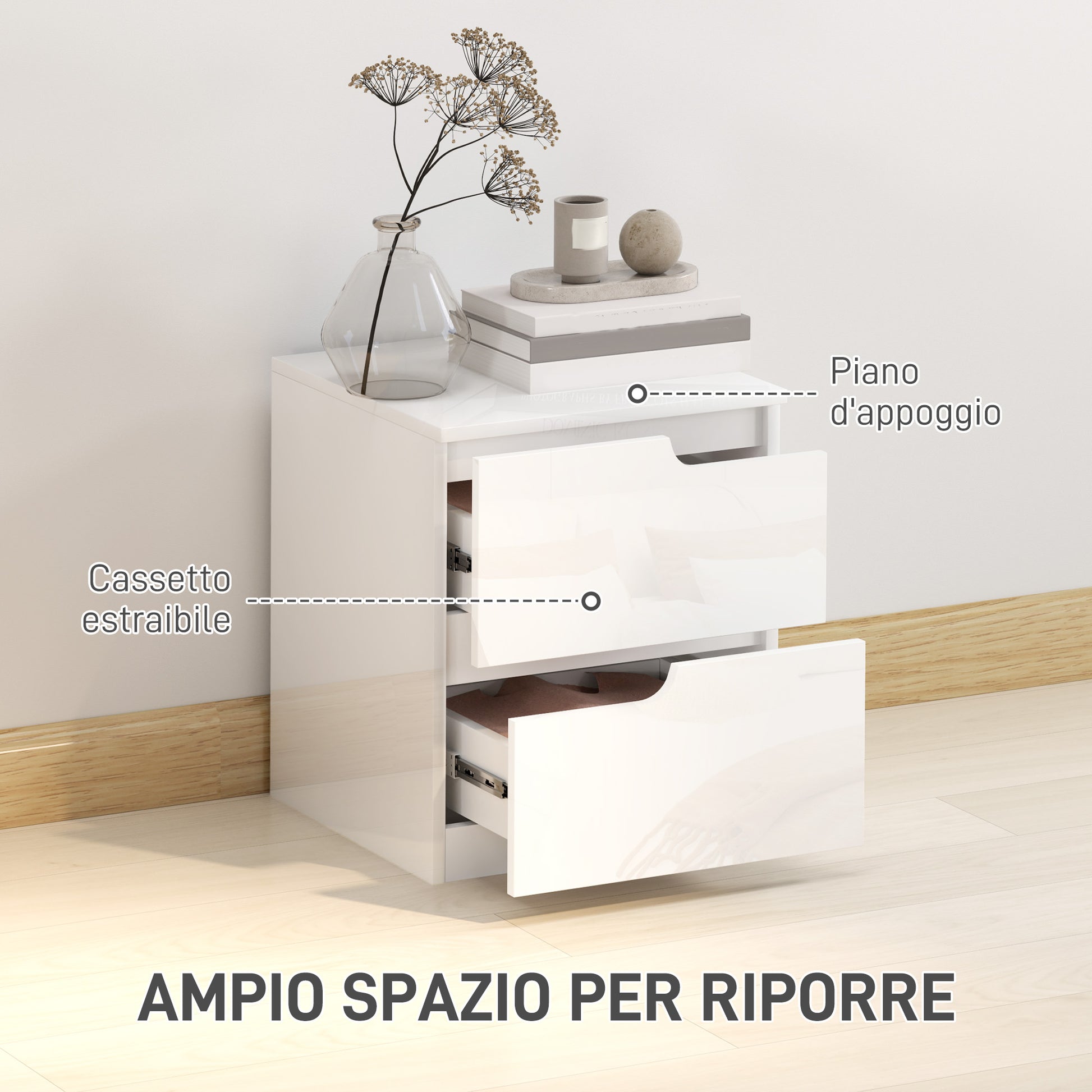 Modern and Minimalist 2-Drawer Chest of Drawers, Chipboard Wood Dresser, 40x40x48 cm, Glossy White