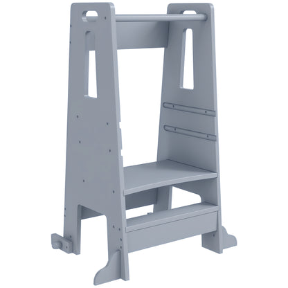 Wooden Learning Tower Kids Learning Stool for +3-Year-Olds with Pedal Adjustable Height in 3 Levels and Safety Rail for Bathroom Kitchen 45x47.5x91 cm Gray
