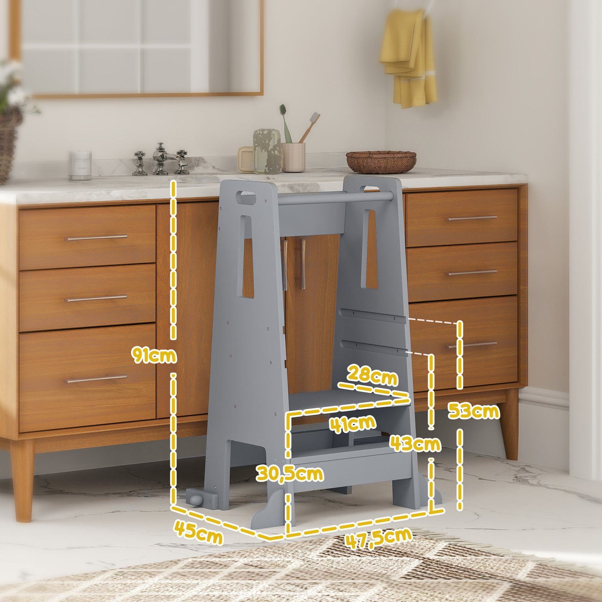 Wooden Learning Tower Kids Learning Stool for +3-Year-Olds with Pedal Adjustable Height in 3 Levels and Safety Rail for Bathroom Kitchen 45x47.5x91 cm Gray