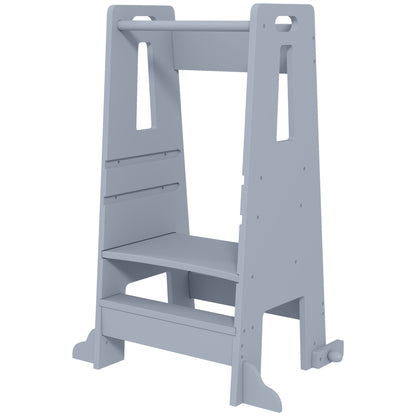 Wooden Learning Tower Kids Learning Stool for +3-Year-Olds with Pedal Adjustable Height in 3 Levels and Safety Rail for Bathroom Kitchen 45x47.5x91 cm Gray