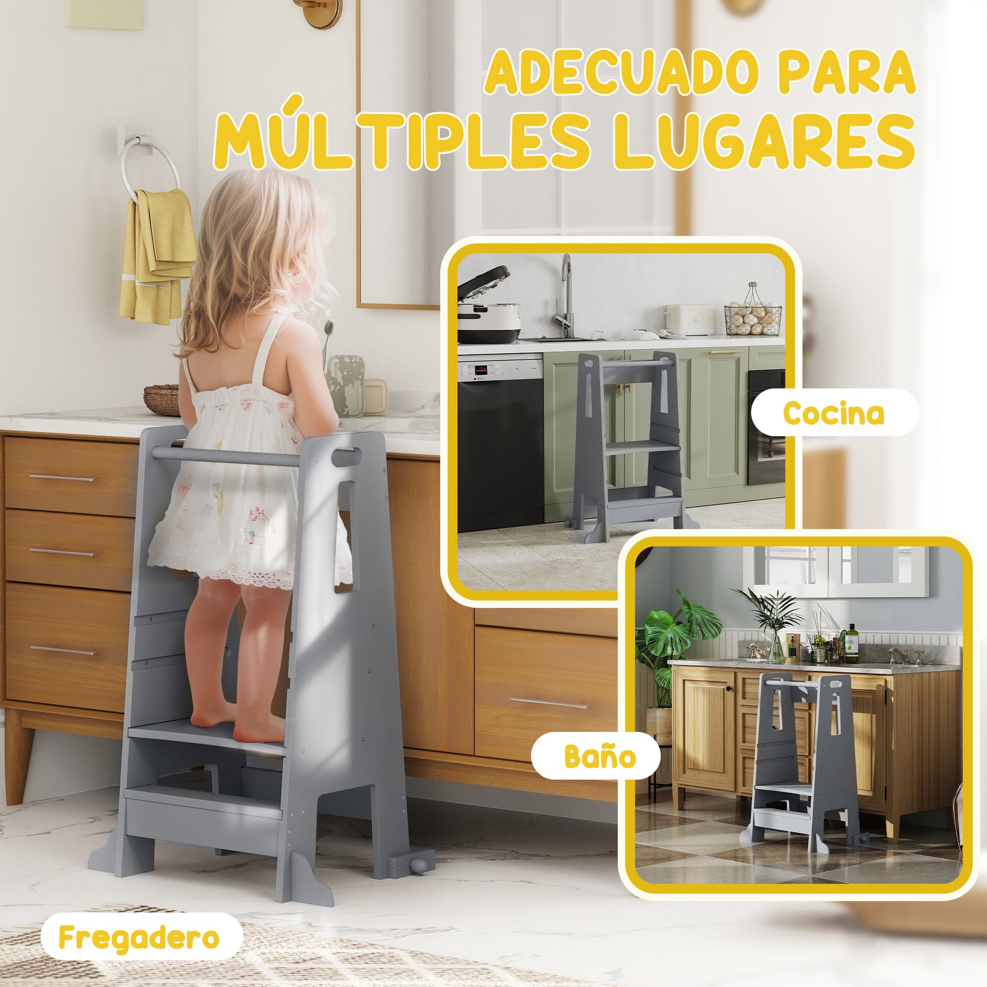 Wooden Learning Tower Kids Learning Stool for +3-Year-Olds with Pedal Adjustable Height in 3 Levels and Safety Rail for Bathroom Kitchen 45x47.5x91 cm Gray