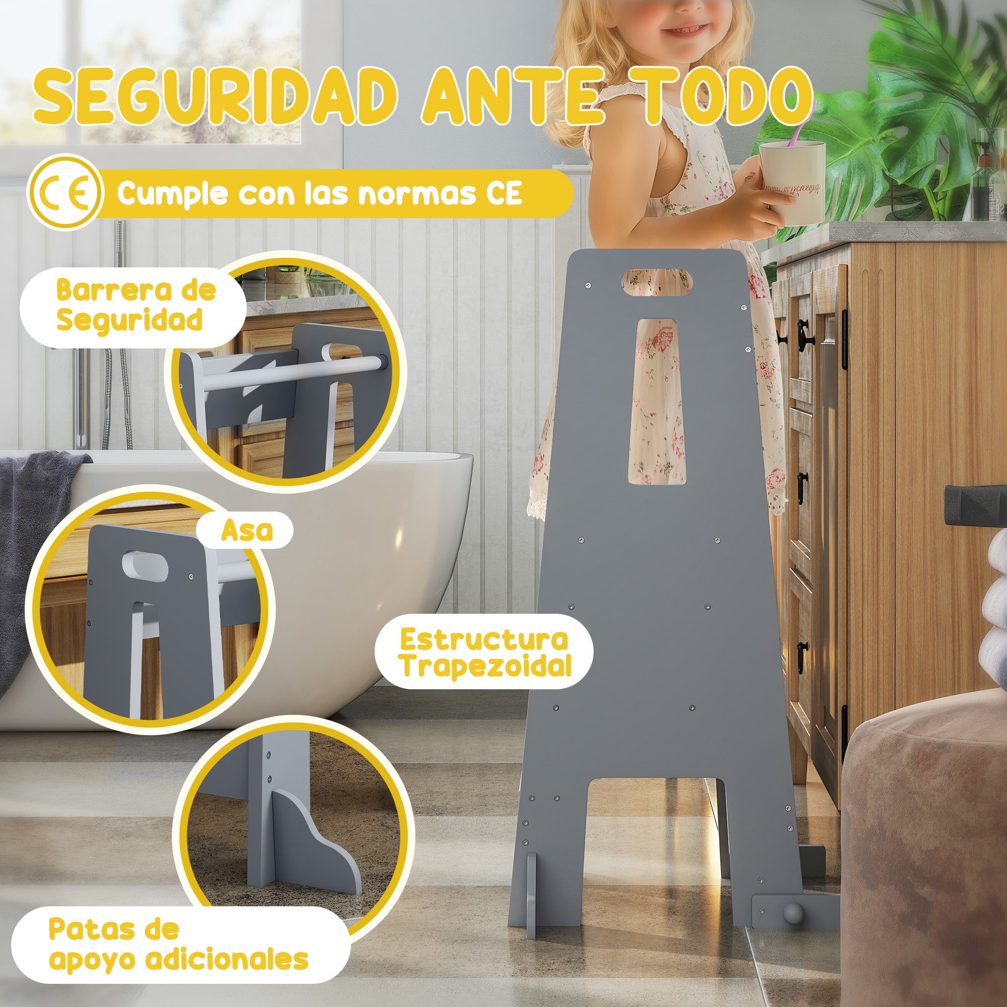 Wooden Learning Tower Kids Learning Stool for +3-Year-Olds with Pedal Adjustable Height in 3 Levels and Safety Rail for Bathroom Kitchen 45x47.5x91 cm Gray