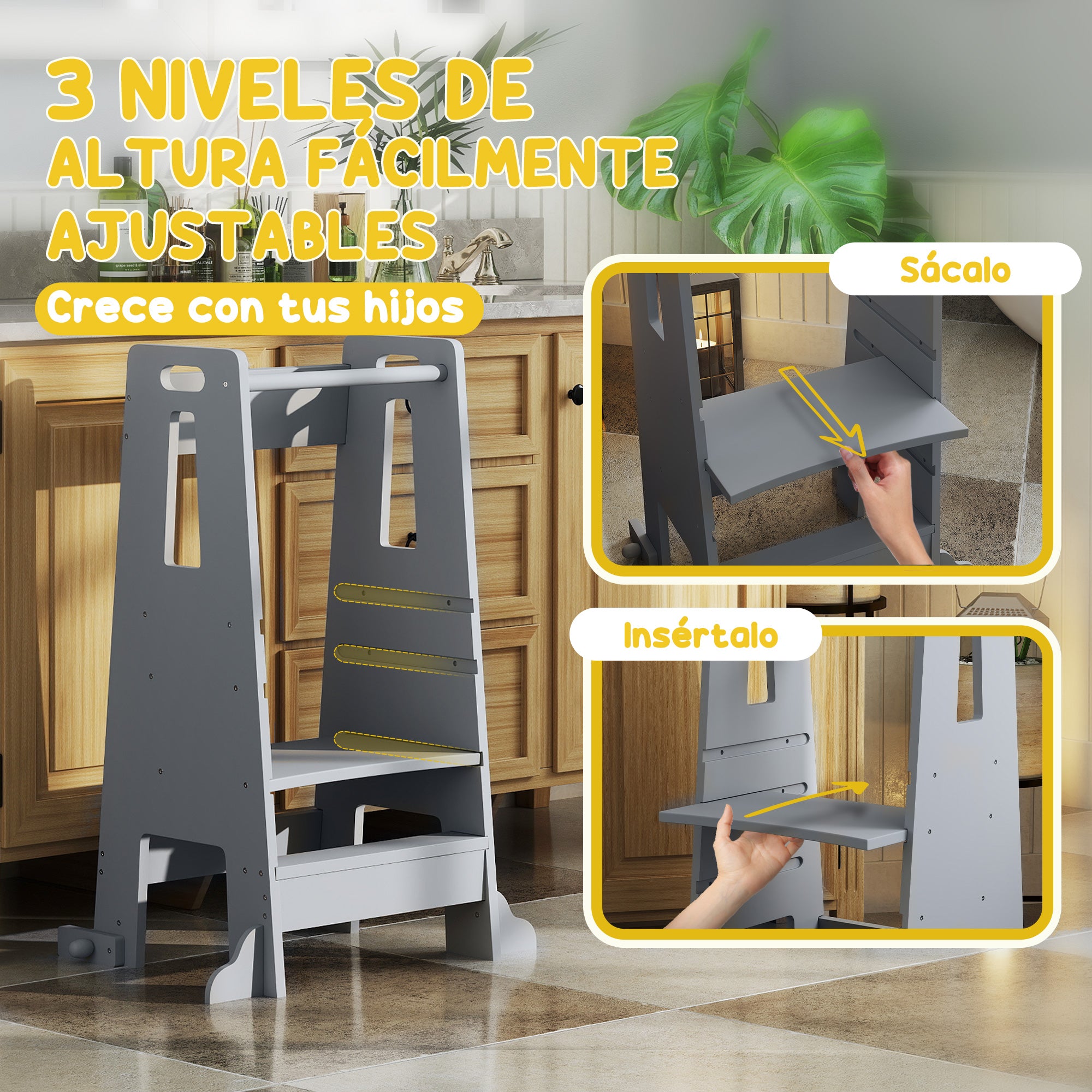 Wooden Learning Tower Kids Learning Stool for +3-Year-Olds with Pedal Adjustable Height in 3 Levels and Safety Rail for Bathroom Kitchen 45x47.5x91 cm Gray