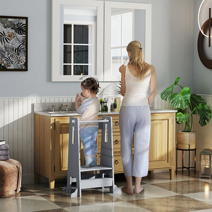Wooden Learning Tower Kids Learning Stool for +3-Year-Olds with Pedal Adjustable Height in 3 Levels and Safety Rail for Bathroom Kitchen 45x47.5x91 cm Gray