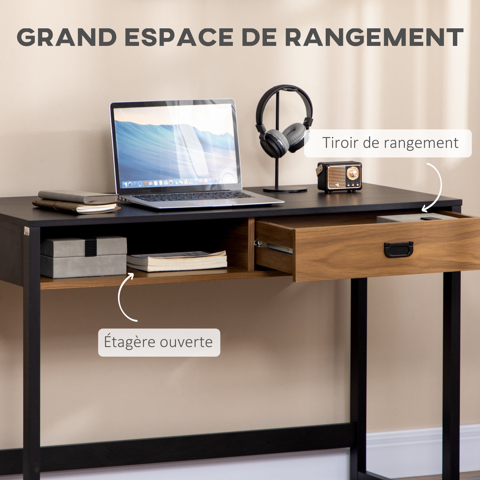 Industrial Design Computer Desk with Large Desk and Shelf Drawer in Particle Board 110 x 50 x 76 cm Walnut and Black Appearance
