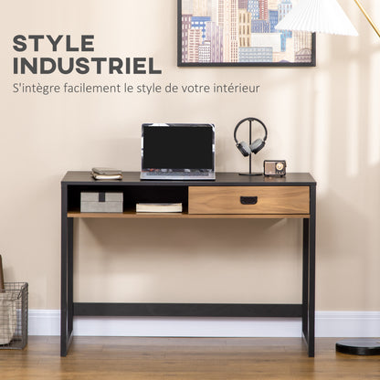 Industrial Design Computer Desk with Large Desk and Shelf Drawer in Particle Board 110 x 50 x 76 cm Walnut and Black Appearance
