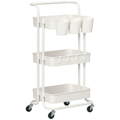 3-Tier Kitchen Cart with Handle, Rolling Kitchen Rack with Hooks and Storage Baskets, Multipurpose Cart for Kitchen Office Bathroom, White