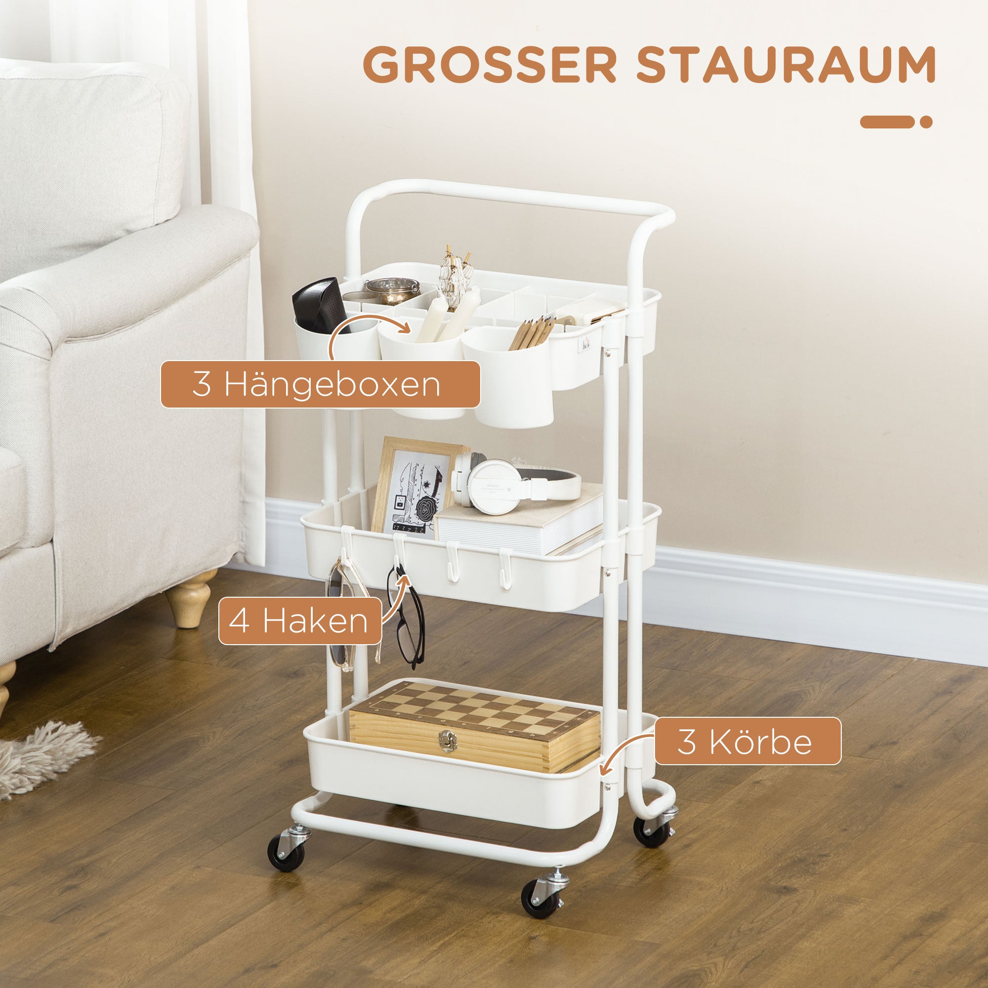 3-Tier Kitchen Cart with Handle, Rolling Kitchen Rack with Hooks and Storage Baskets, Multipurpose Cart for Kitchen Office Bathroom, White