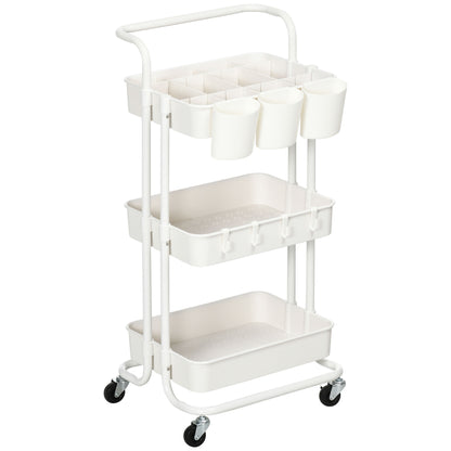 3-Tier Kitchen Cart with Handle, Rolling Kitchen Rack with Hooks and Storage Baskets, Multipurpose Cart for Kitchen Office Bathroom, White