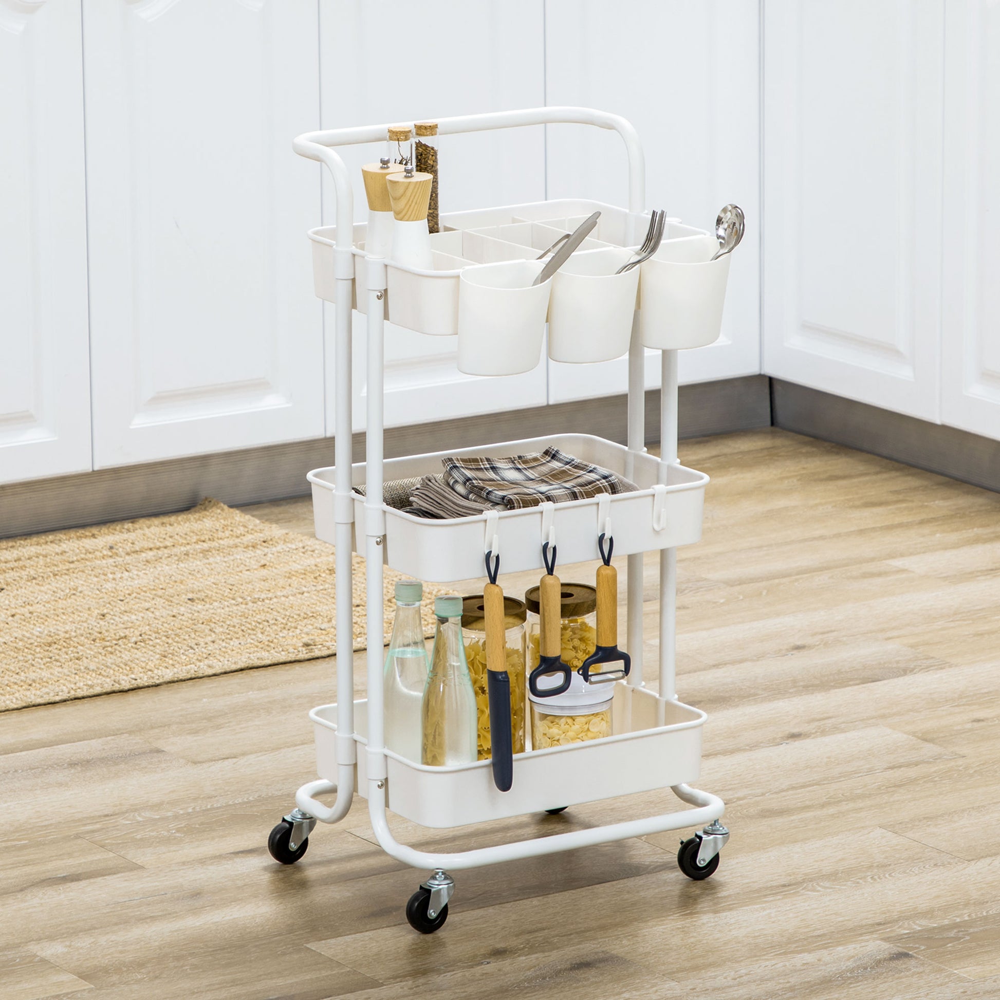 3-Tier Kitchen Cart with Handle, Rolling Kitchen Rack with Hooks and Storage Baskets, Multipurpose Cart for Kitchen Office Bathroom, White