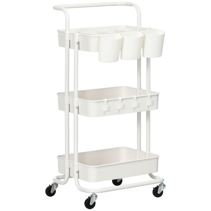 3-Tier Kitchen Cart with Handle, Rolling Kitchen Rack with Hooks and Storage Baskets, Multipurpose Cart for Kitchen Office Bathroom, White