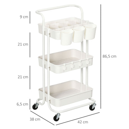 3-Tier Kitchen Cart with Handle, Rolling Kitchen Rack with Hooks and Storage Baskets, Multipurpose Cart for Kitchen Office Bathroom, White