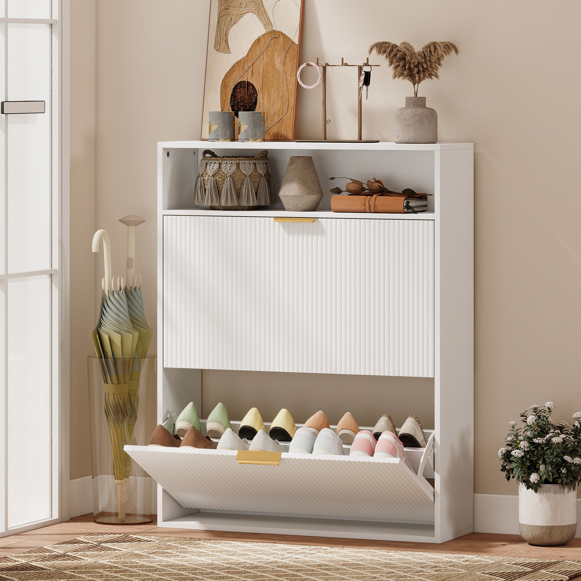 Slim Flip Shoe Cabinet — 2 Flip Compartments, Top Shelf, Holds 12–16 Pairs — White (31.5"x9.4"x40.4")