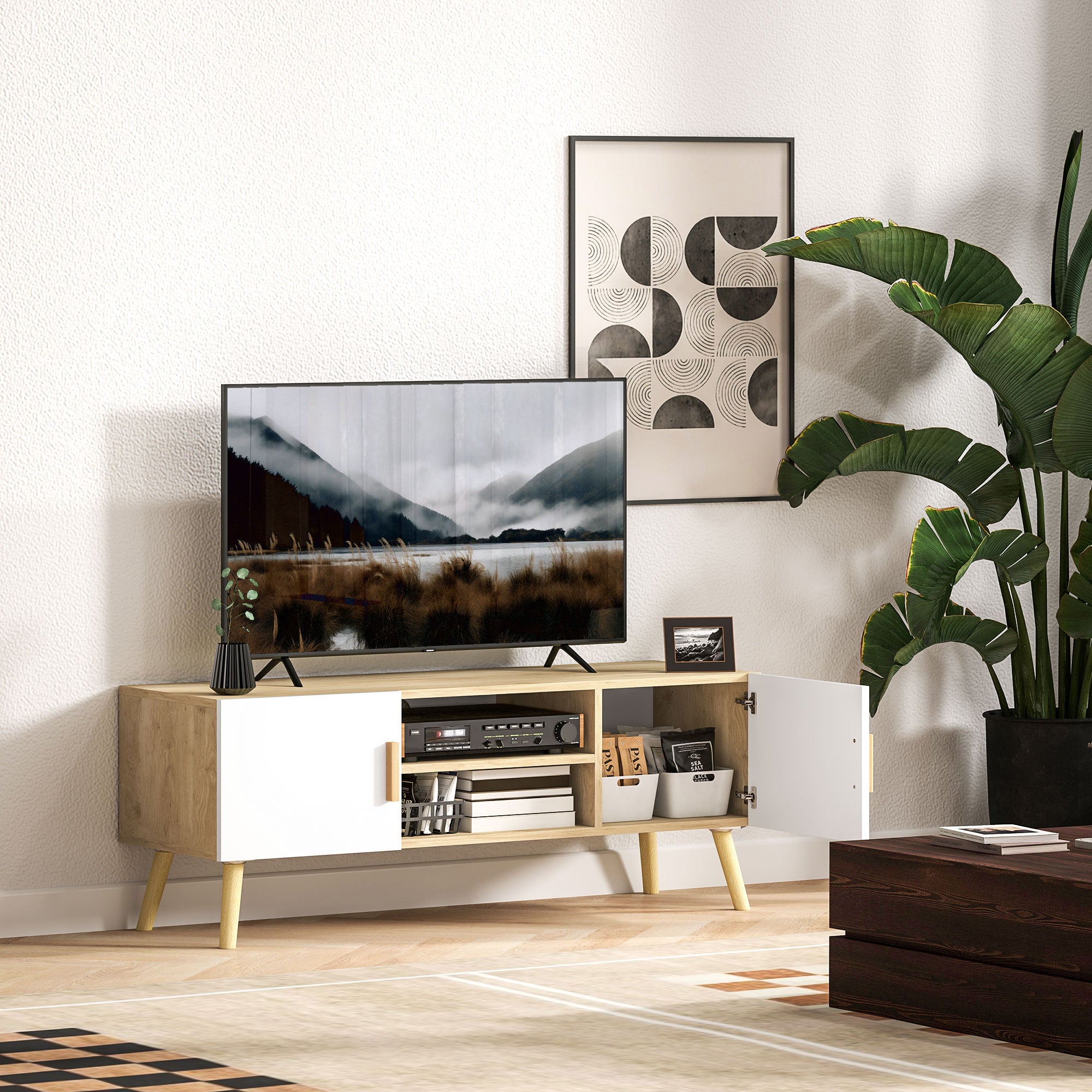 TV Stand Wooden TV Cabinet for up to 50 Inches TV with Shelves, 2 Cabinets, and Cable Management for Living Room, Bedroom, 110 x 36.2 x 42 cm, Oak