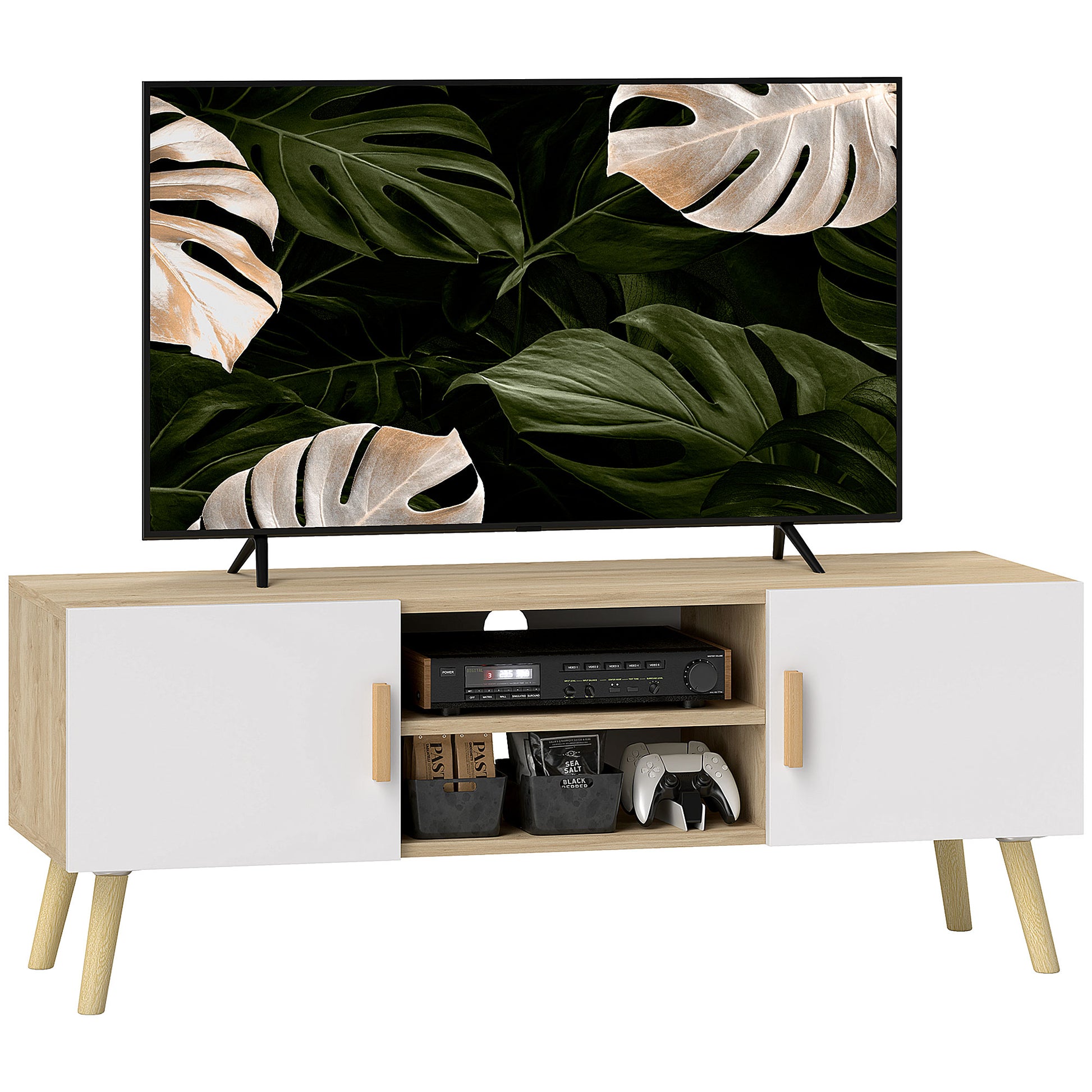 TV Stand Wooden TV Cabinet for up to 50 Inches TV with Shelves, 2 Cabinets, and Cable Management for Living Room, Bedroom, 110 x 36.2 x 42 cm, Oak