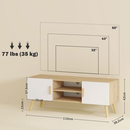 TV Stand Wooden TV Cabinet for up to 50 Inches TV with Shelves, 2 Cabinets, and Cable Management for Living Room, Bedroom, 110 x 36.2 x 42 cm, Oak