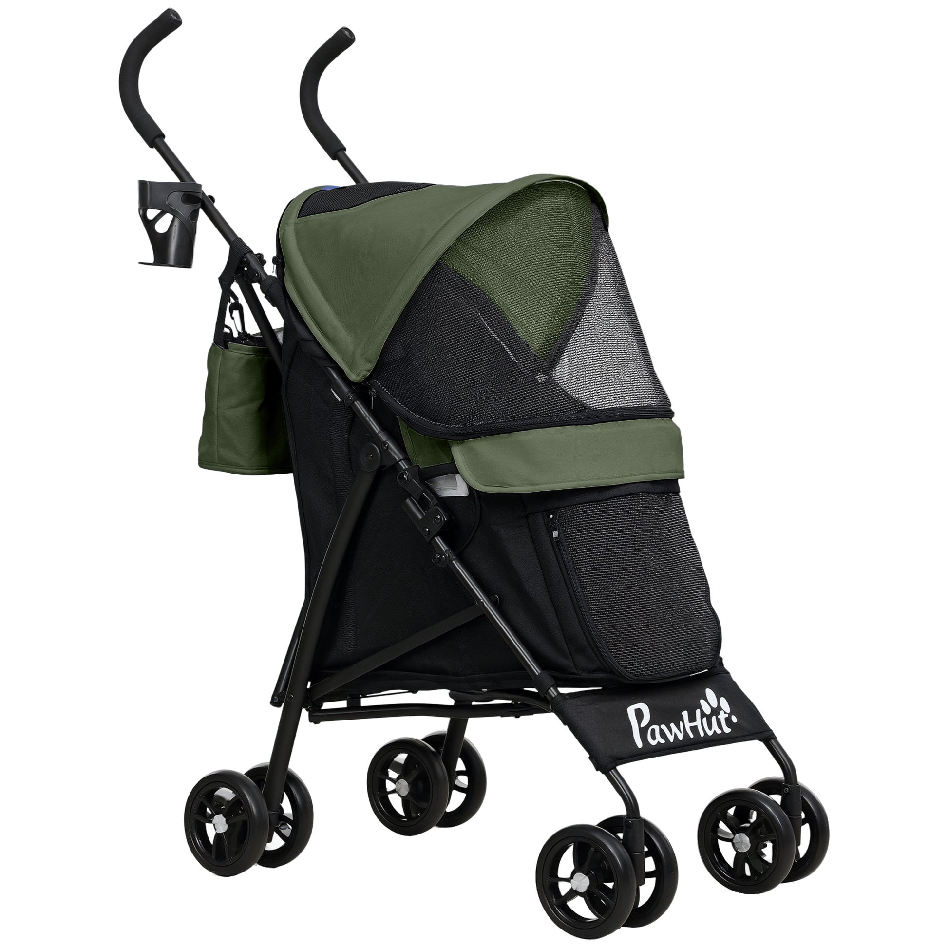 Dog Stroller Dog Buggy Foldable for Dogs & Cats Cat Stroller with Mesh Windows, Shoulder Strap, Storage Bag, Cup Holder Umbrella Cat Stroller Dark Green