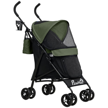 Dog Stroller Dog Buggy Foldable for Dogs & Cats Cat Stroller with Mesh Windows, Shoulder Strap, Storage Bag, Cup Holder Umbrella Cat Stroller Dark Green