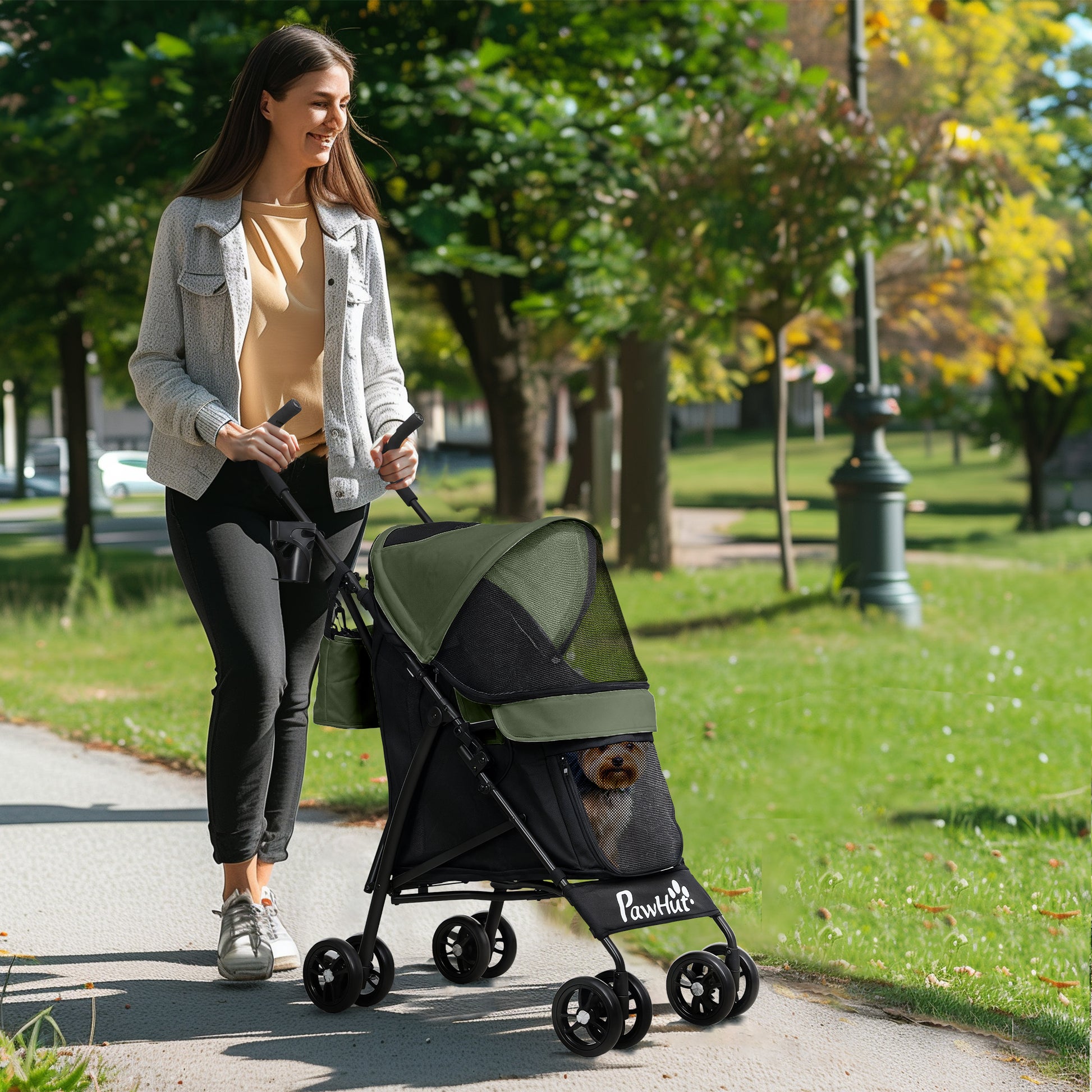 Dog Stroller Dog Buggy Foldable for Dogs & Cats Cat Stroller with Mesh Windows, Shoulder Strap, Storage Bag, Cup Holder Umbrella Cat Stroller Dark Green
