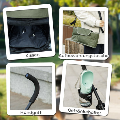 Dog Stroller Dog Buggy Foldable for Dogs & Cats Cat Stroller with Mesh Windows, Shoulder Strap, Storage Bag, Cup Holder Umbrella Cat Stroller Dark Green