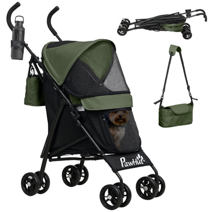 Dog Stroller Dog Buggy Foldable for Dogs & Cats Cat Stroller with Mesh Windows, Shoulder Strap, Storage Bag, Cup Holder Umbrella Cat Stroller Dark Green