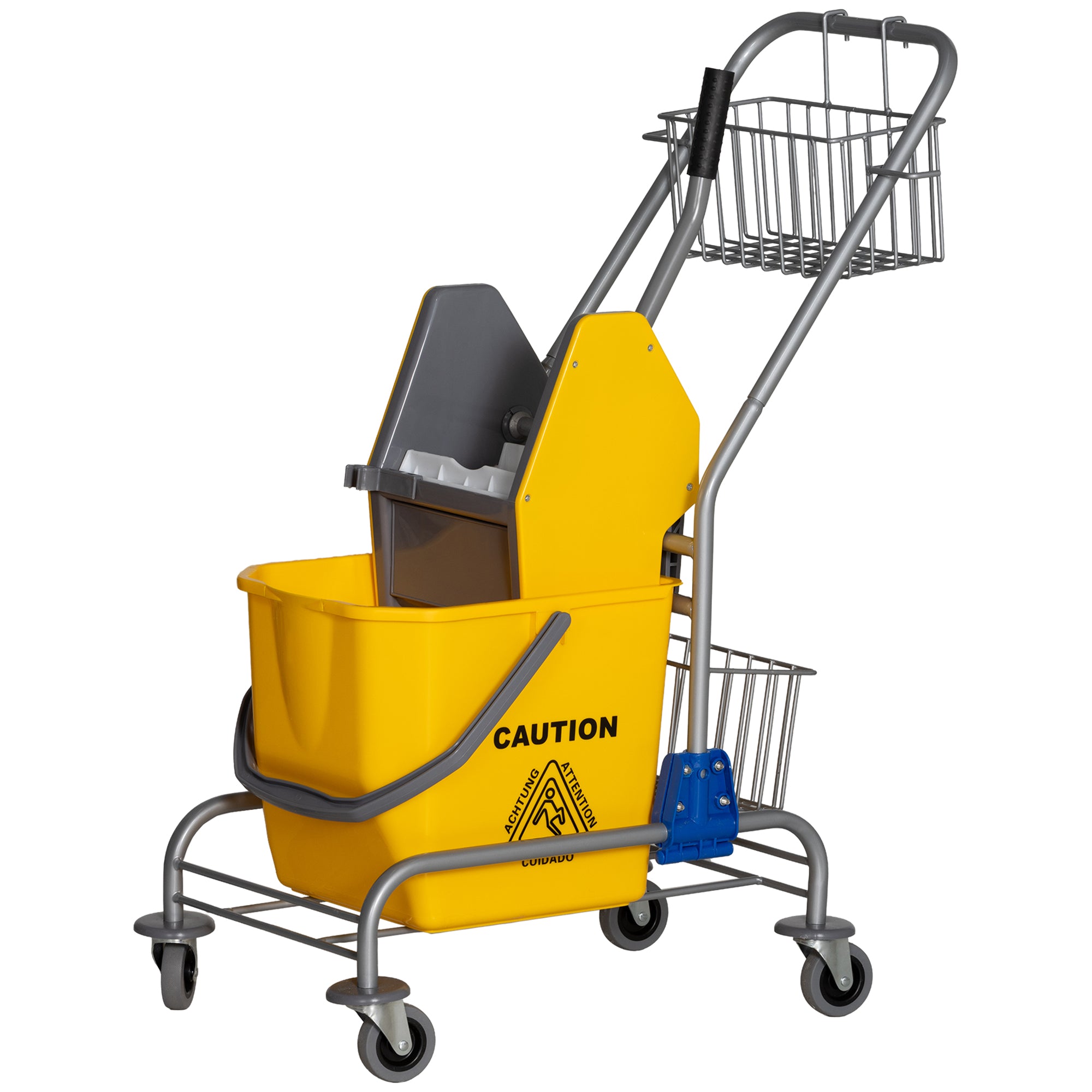 Mop Bucket with Wheels 26 L Mop Bucket with Pressure Wringer and Storage Baskets 73x45x95 cm Yellow