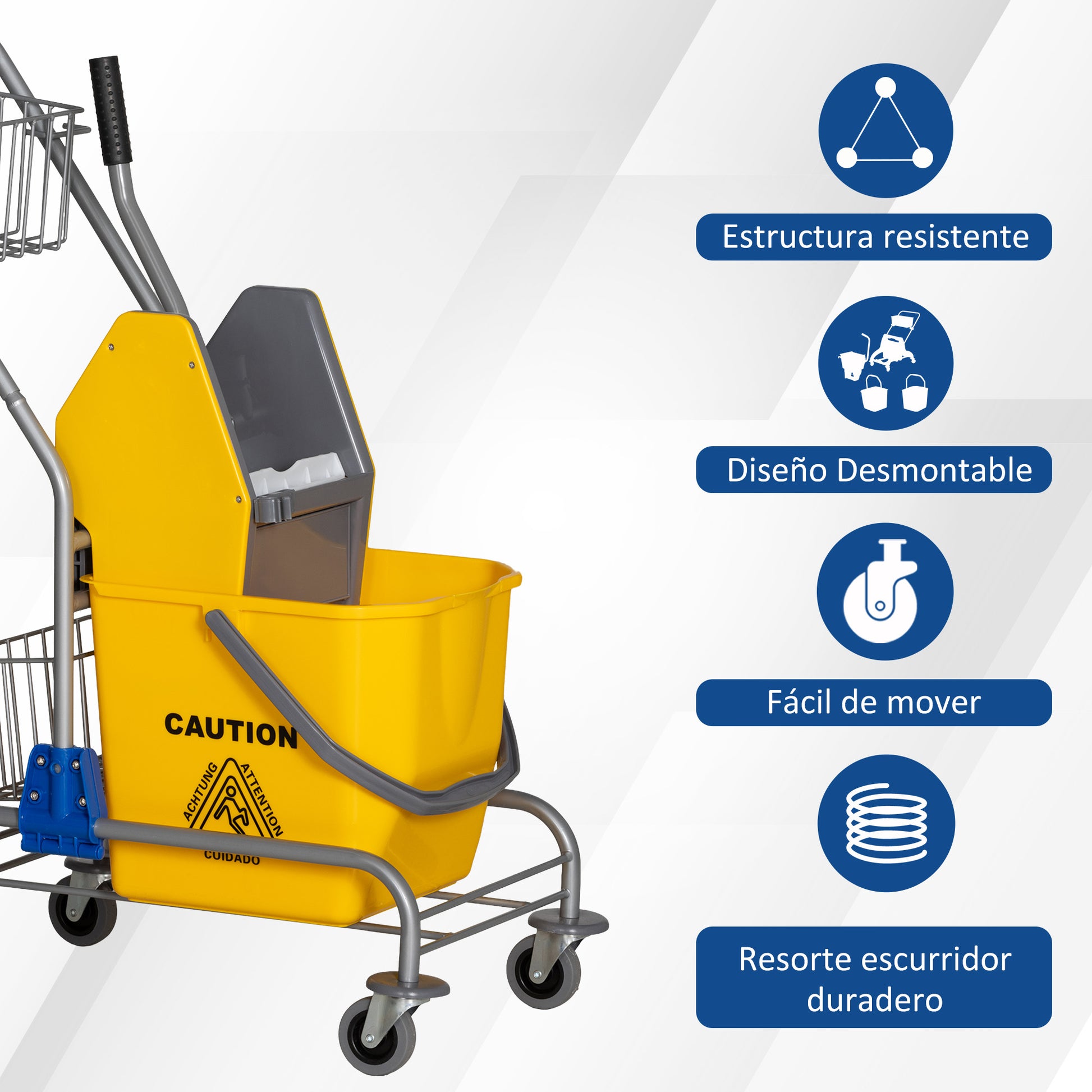 Mop Bucket with Wheels 26 L Mop Bucket with Pressure Wringer and Storage Baskets 73x45x95 cm Yellow