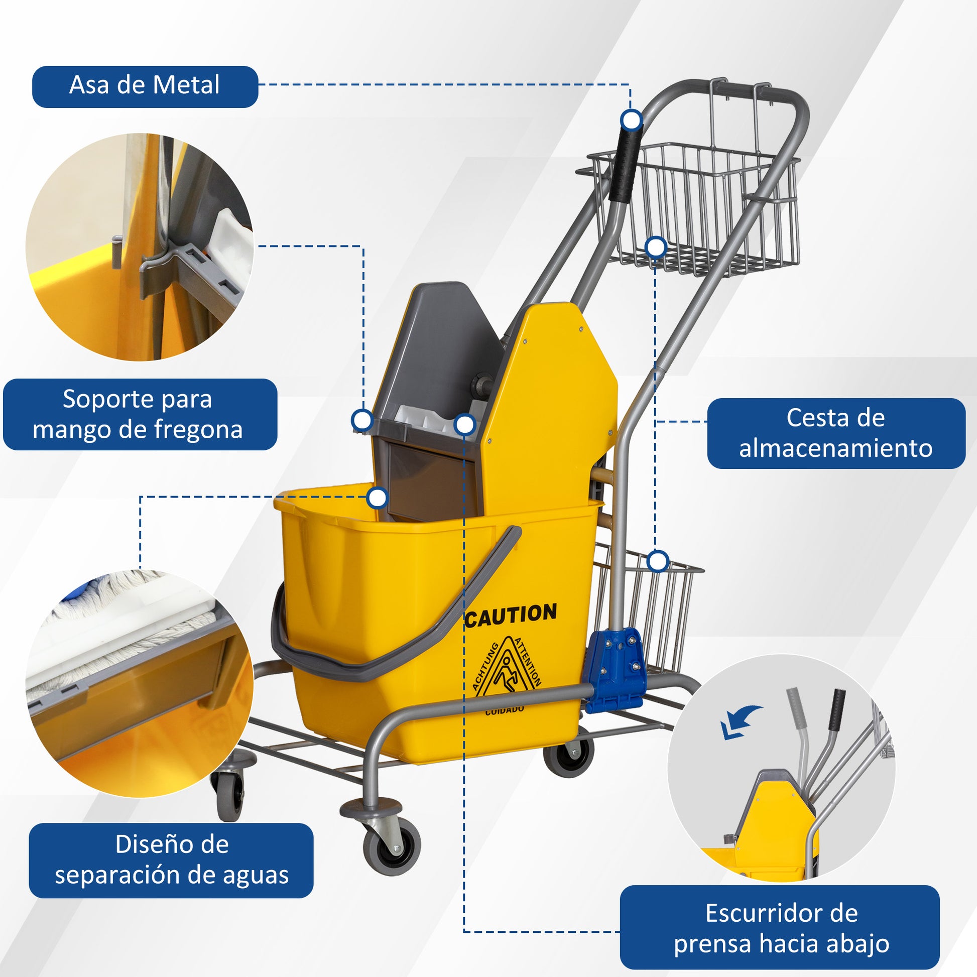 Mop Bucket with Wheels 26 L Mop Bucket with Pressure Wringer and Storage Baskets 73x45x95 cm Yellow