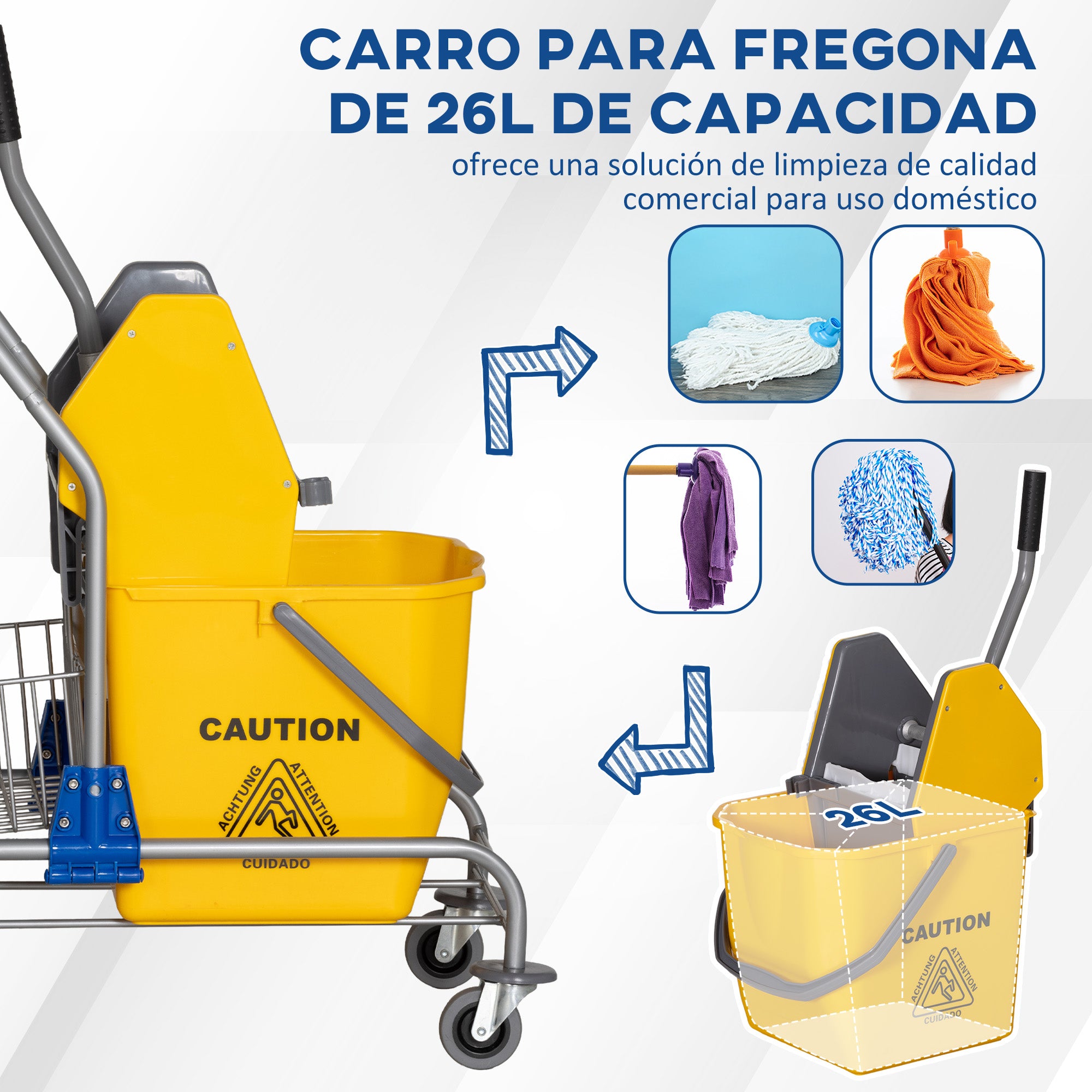 Mop Bucket with Wheels 26 L Mop Bucket with Pressure Wringer and Storage Baskets 73x45x95 cm Yellow