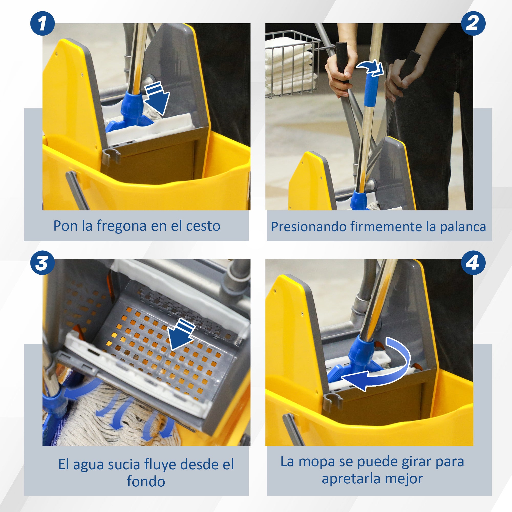 Mop Bucket with Wheels 26 L Mop Bucket with Pressure Wringer and Storage Baskets 73x45x95 cm Yellow