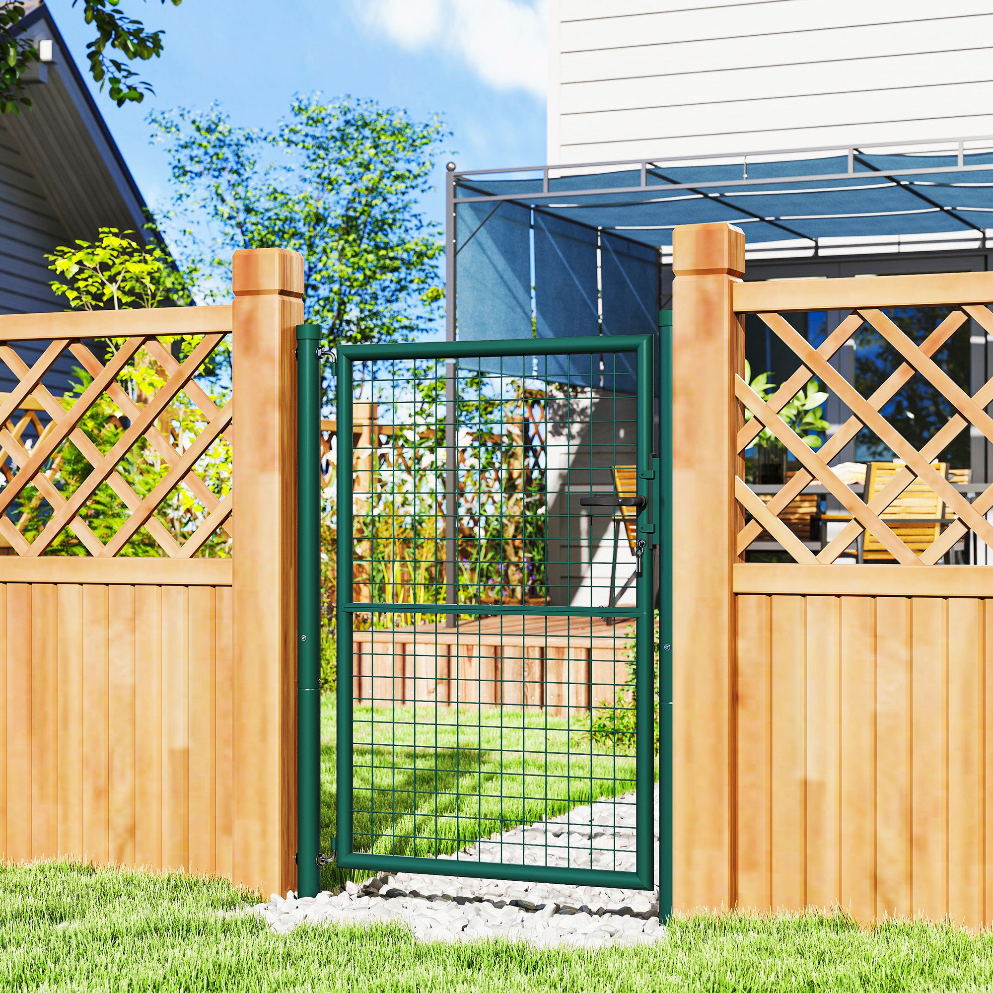 Steel Garden Gate 97 x 175 cm with lock, keys, and handle, arrow decoration, outdoor patio gate, green
