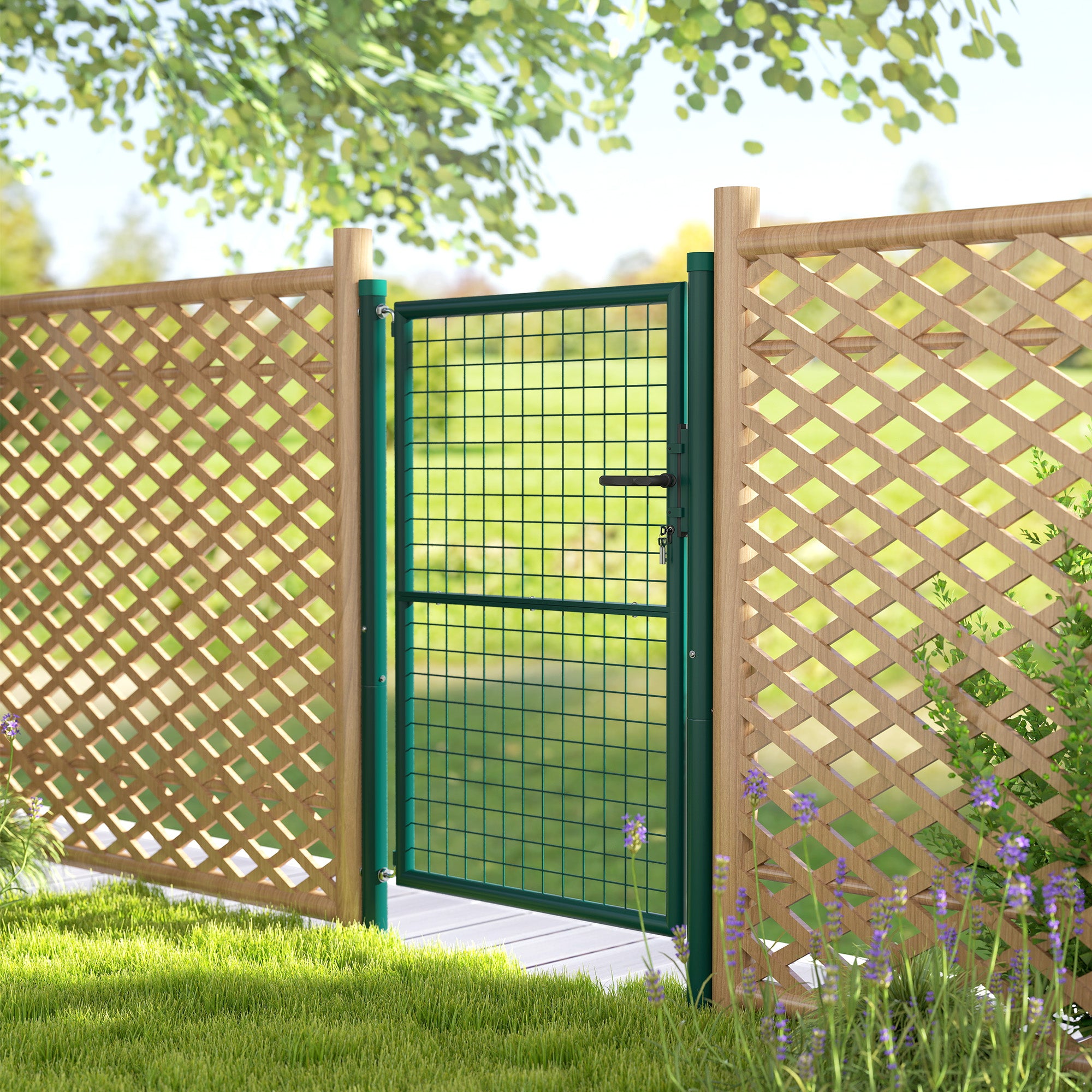 Steel Garden Gate 97 x 175 cm with lock, keys, and handle, arrow decoration, outdoor patio gate, green