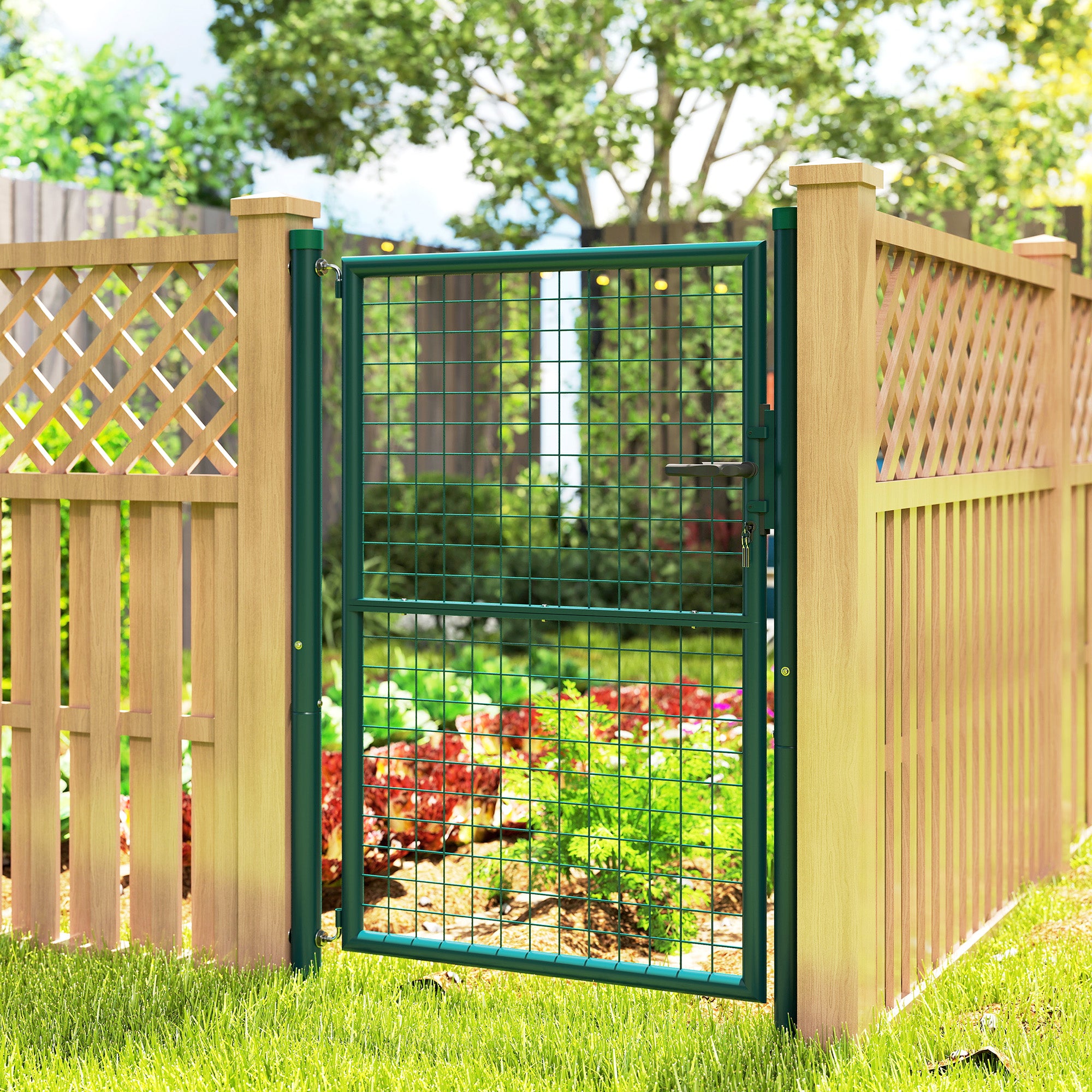 Steel Garden Gate 97 x 175 cm with lock, keys, and handle, arrow decoration, outdoor patio gate, green