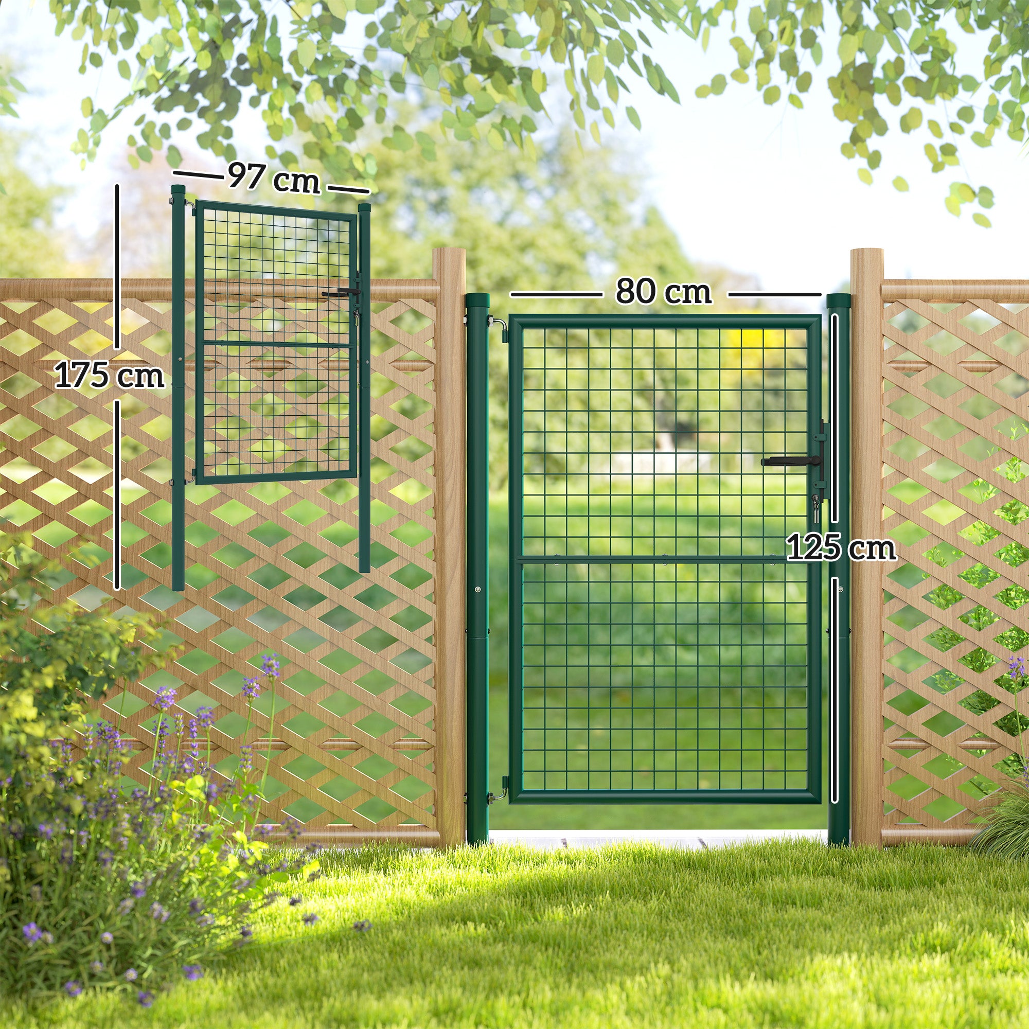 Steel Garden Gate 97 x 175 cm with lock, keys, and handle, arrow decoration, outdoor patio gate, green