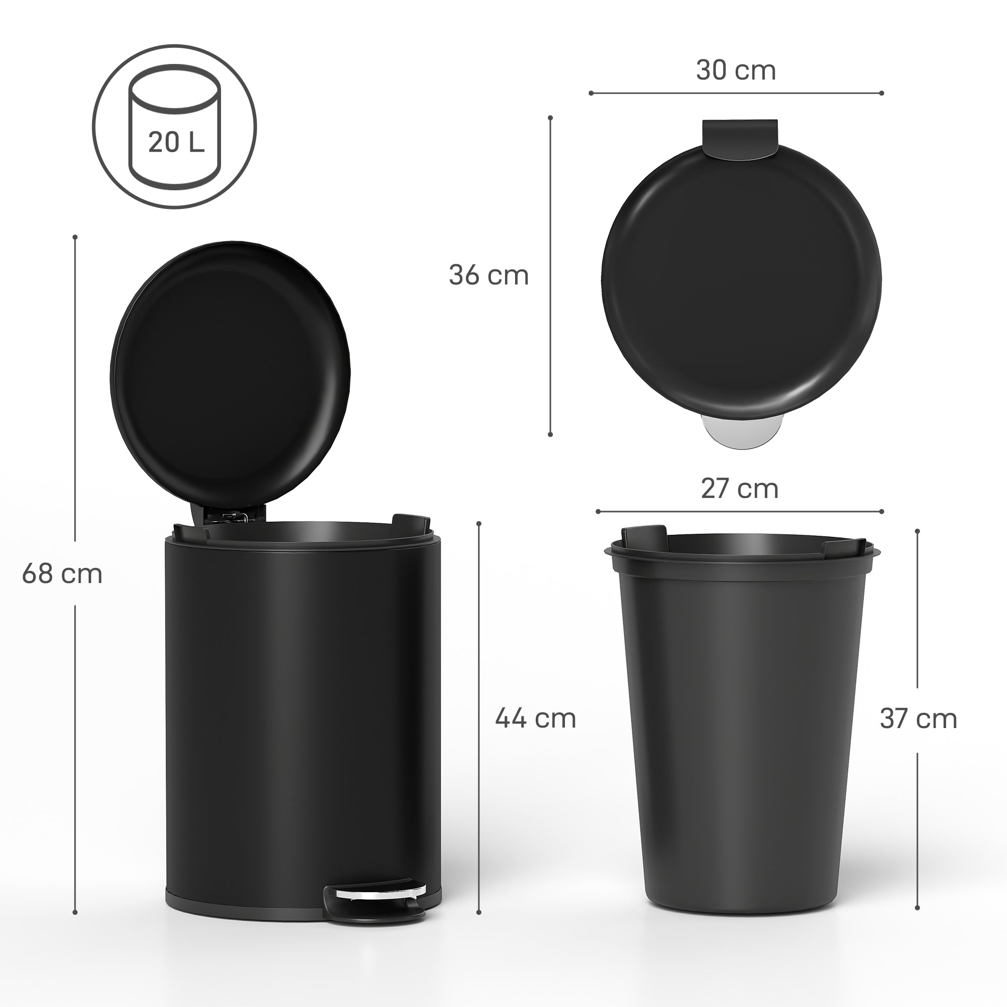 20 L (5.3 gal) Fingerprint-Resistant Metal Trash Can with Soft-Close Lid, Foot Pedal & Removable Inner Bin — Black