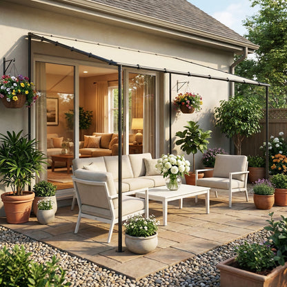 3 x 2 m Wall-Mounted Garden Pergola — Metal Frame, Water-Resistant Canopy, Cream
