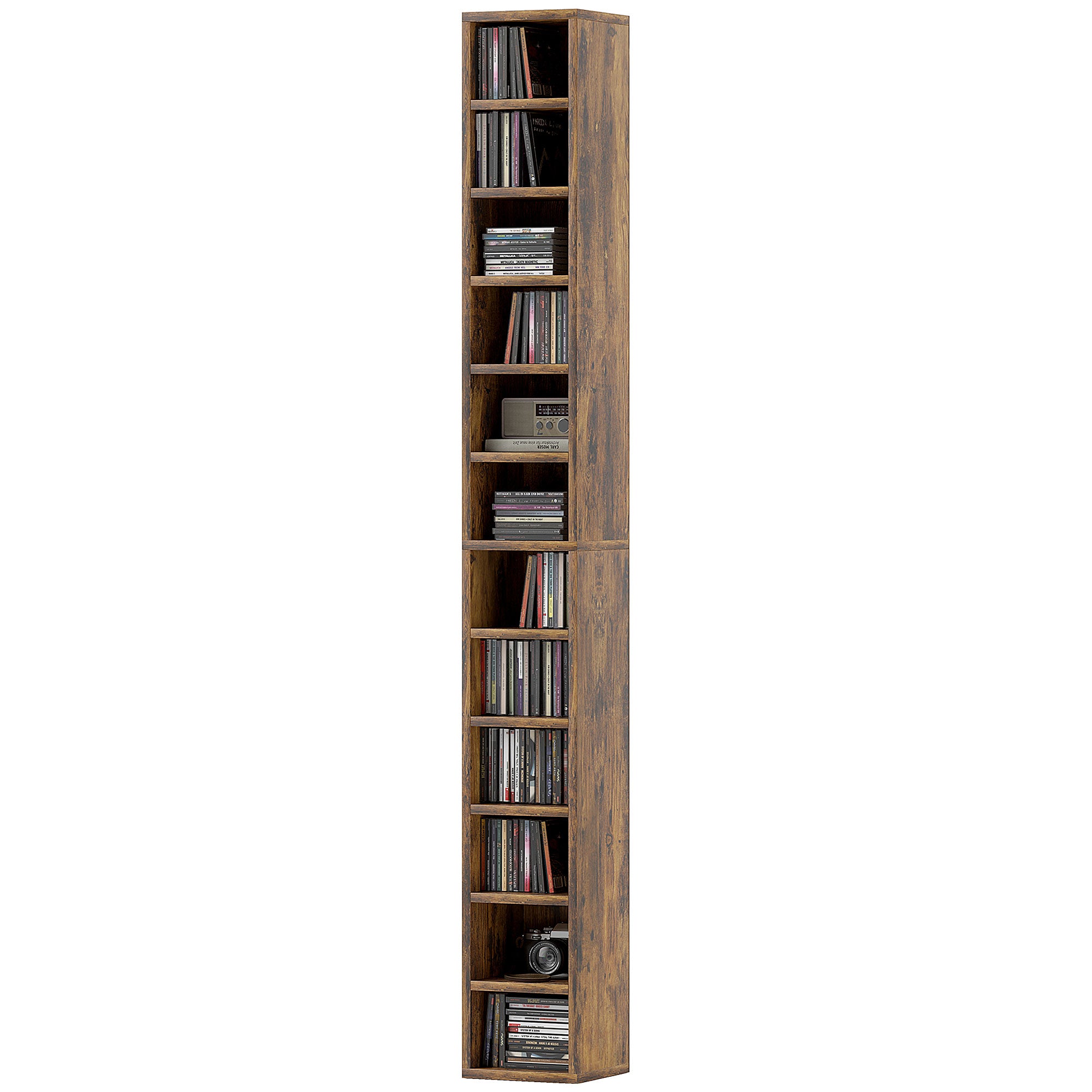 CD/DVD Storage Rack, 12-Cube Tall Shelf, Holds up to 204 Discs, Rustic Brown — 69 x 8.3 x 7.9 in