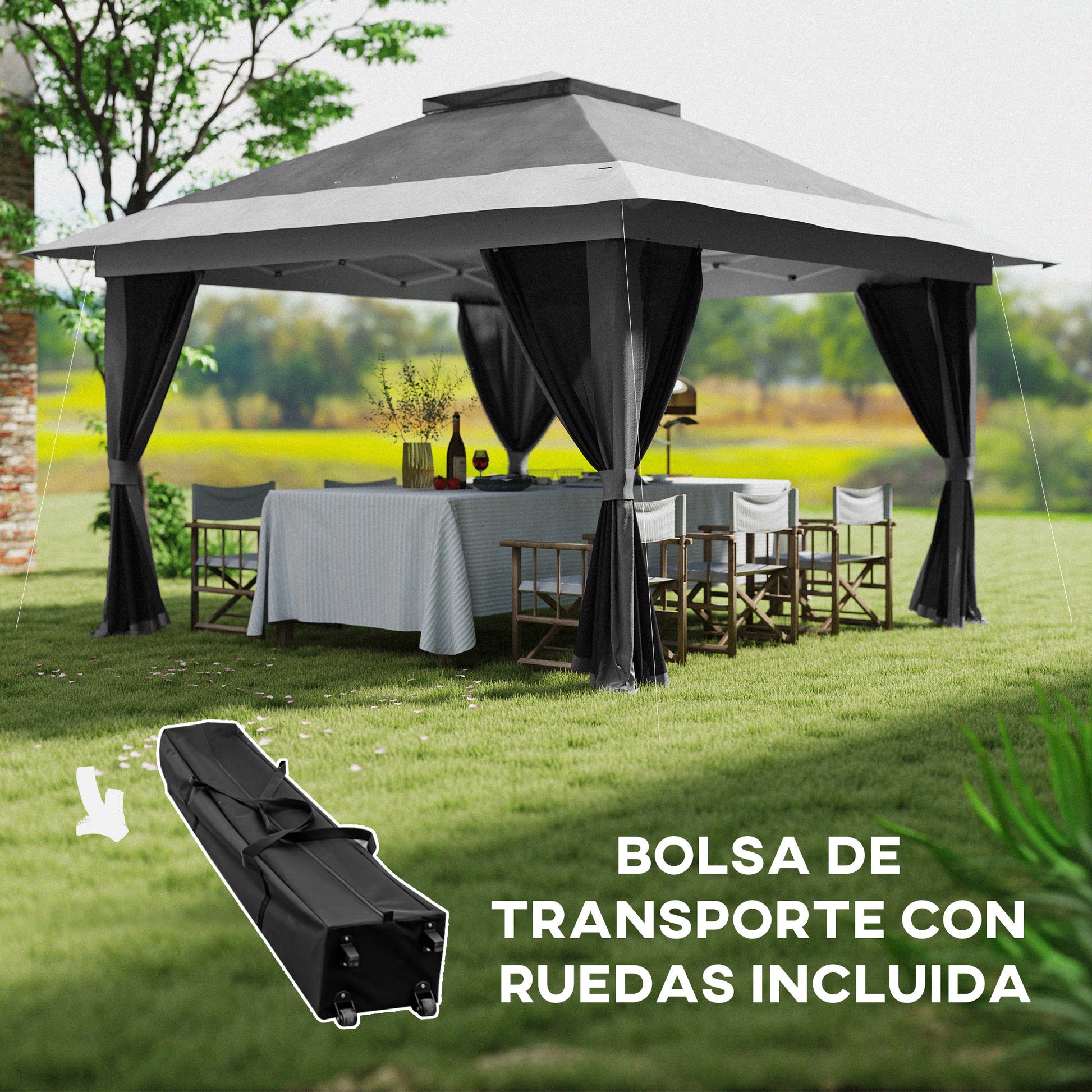 Folding Gazebo 3.6x3.6 m Pop-Up Canopy with 4 Anti-UV Mesh Side Walls Adjustable Height Sandbag and Carrying Bag for Camping Parties Dark Grey