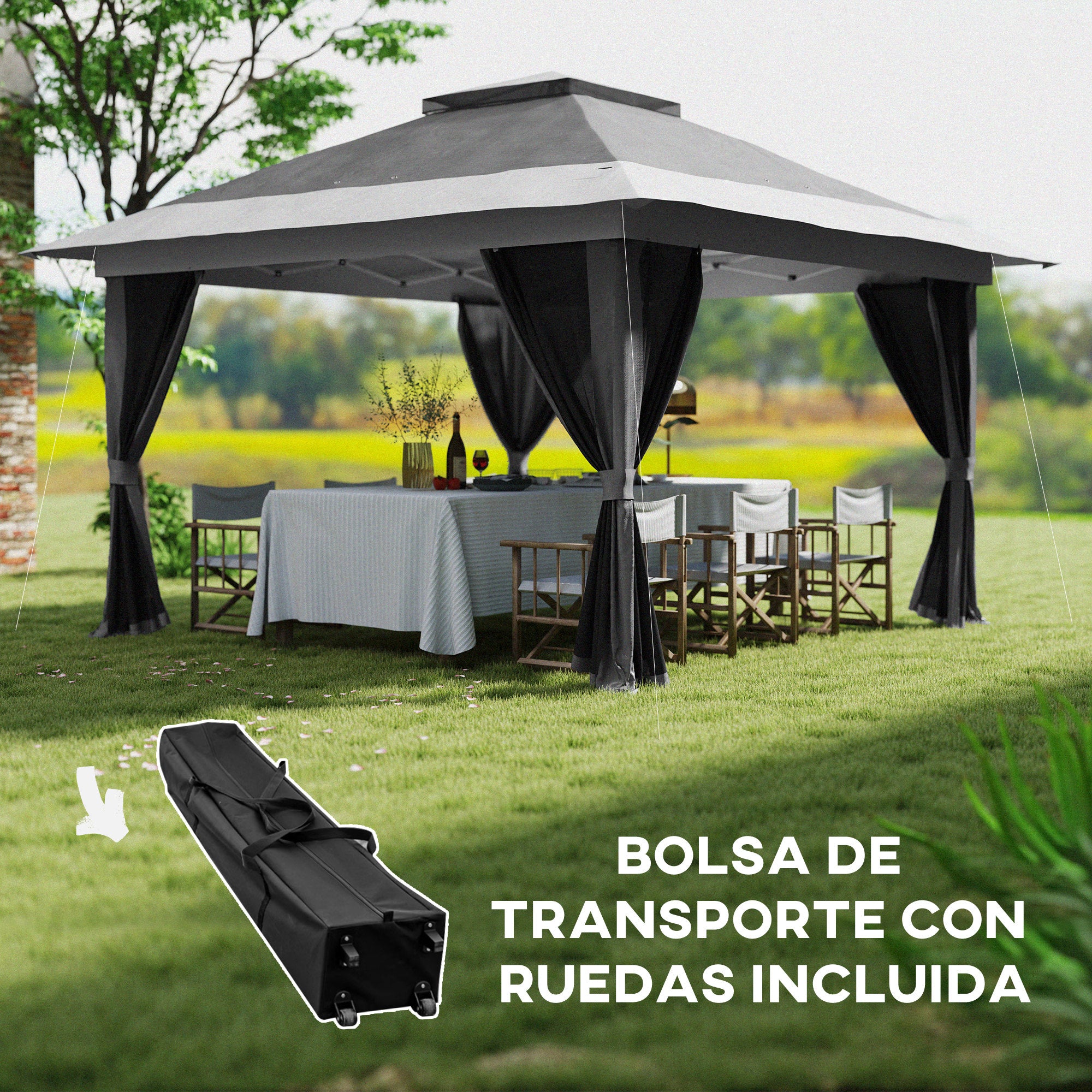 Folding Gazebo 3.6x3.6 m Pop-Up Canopy with 4 Anti-UV Mesh Side Walls Adjustable Height Sandbag and Carrying Bag for Camping Parties Dark Grey