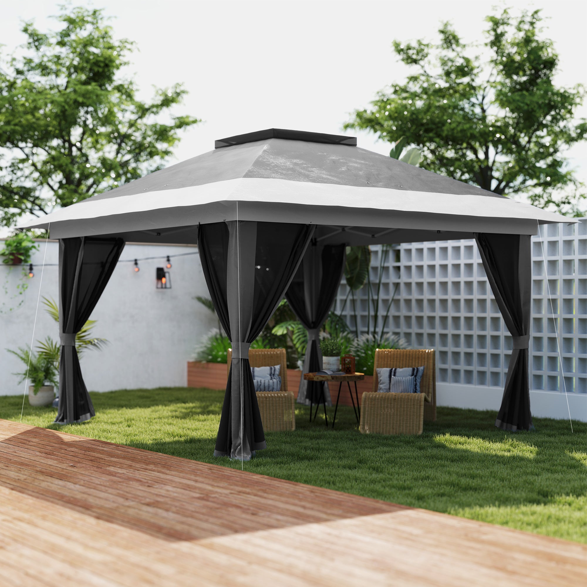 Folding Gazebo 3.6x3.6 m Pop-Up Canopy with 4 Anti-UV Mesh Side Walls Adjustable Height Sandbag and Carrying Bag for Camping Parties Dark Grey