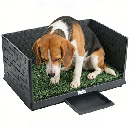 Dog Potty with Artificial Grass, 75 x 51 x 36.5 cm (29.5 x 20.1 x 14.4 in) — High Walls, Slide-Out Tray, Easy-Clean Indoor/Outdoor Training Toilet, Black