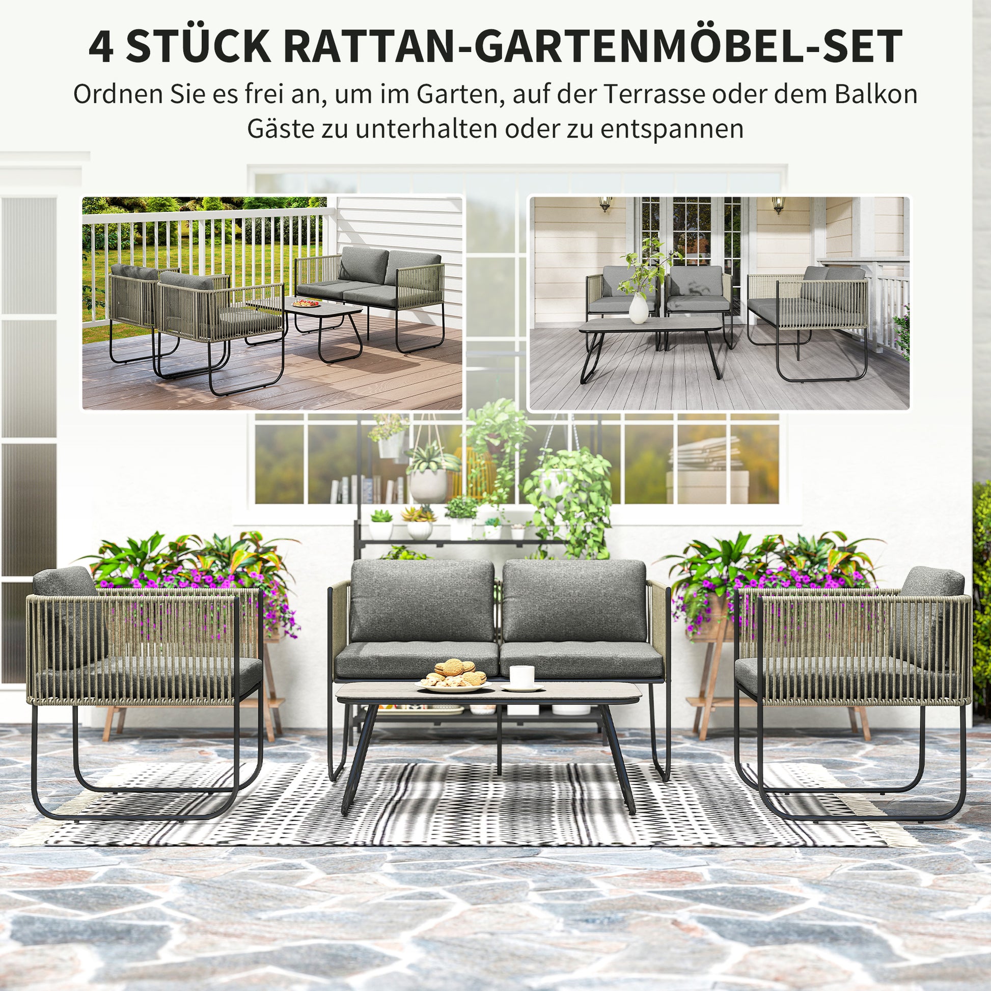 Garden Furniture Set made of Poly Rattan Lounge Set with Sofa Chair Table Cushions Weatherproof Seating Group for 4 People Balcony Furniture Set Garden Lounge Terrace Furniture for Garden Balcony Brown+Dark Gray