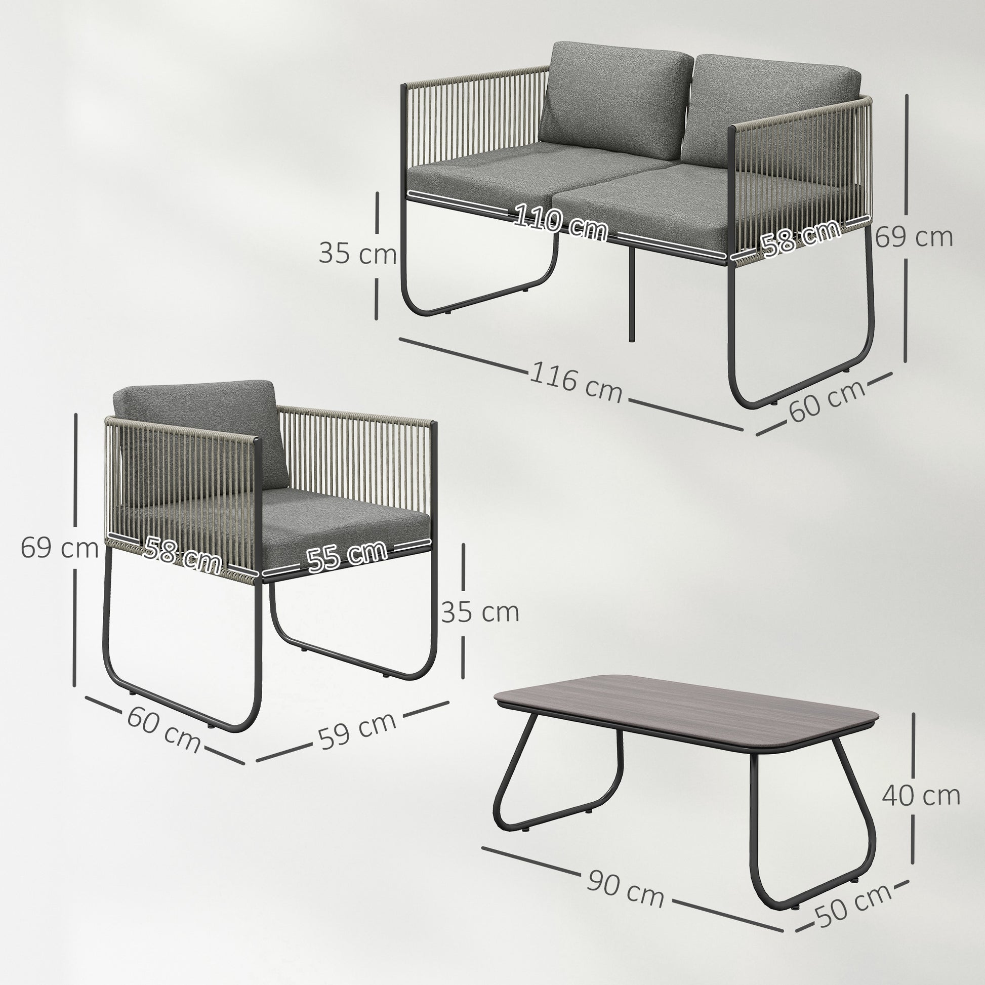 Garden Furniture Set made of Poly Rattan Lounge Set with Sofa Chair Table Cushions Weatherproof Seating Group for 4 People Balcony Furniture Set Garden Lounge Terrace Furniture for Garden Balcony Brown+Dark Gray