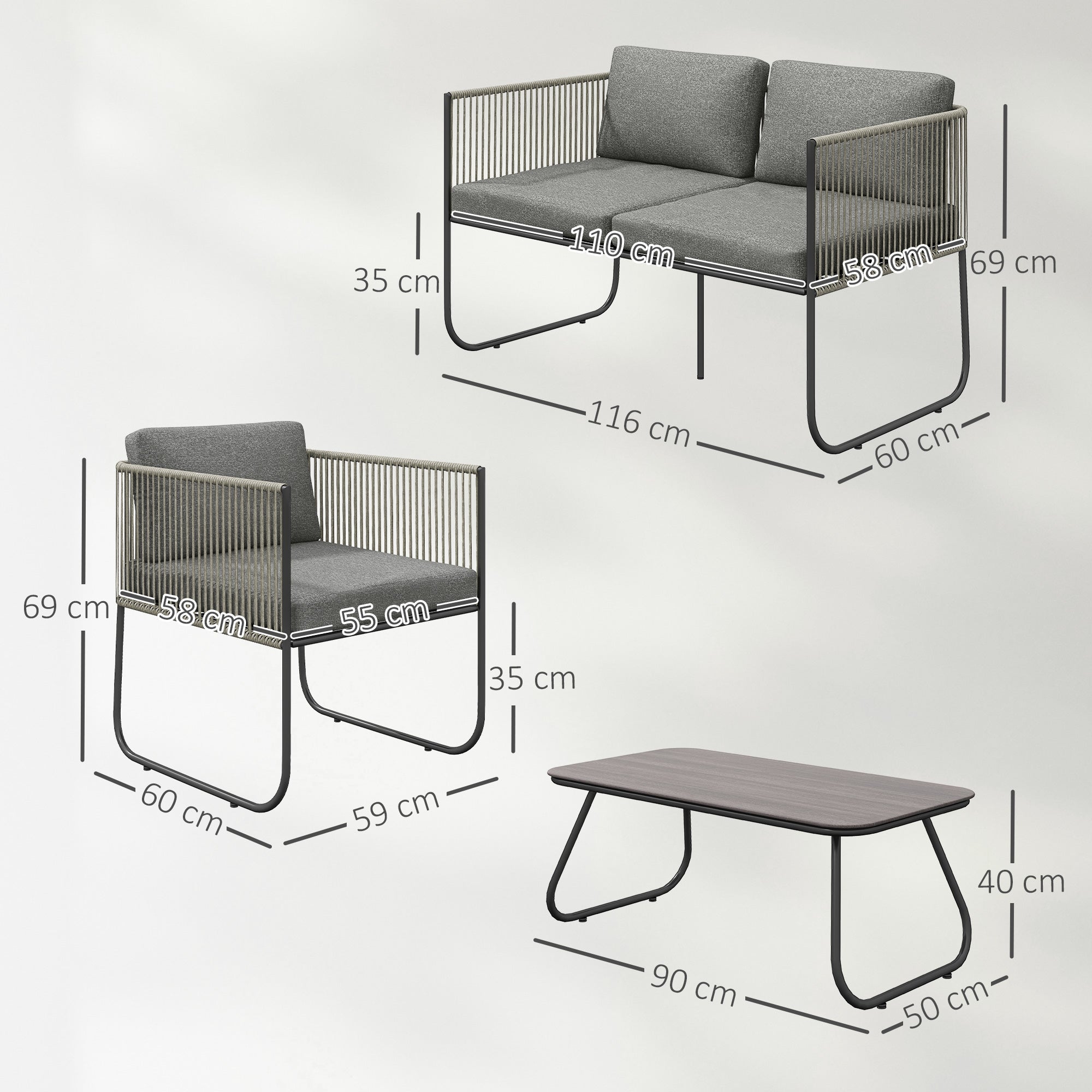 Garden Furniture Set made of Poly Rattan Lounge Set with Sofa Chair Table Cushions Weatherproof Seating Group for 4 People Balcony Furniture Set Garden Lounge Terrace Furniture for Garden Balcony Brown+Dark Gray