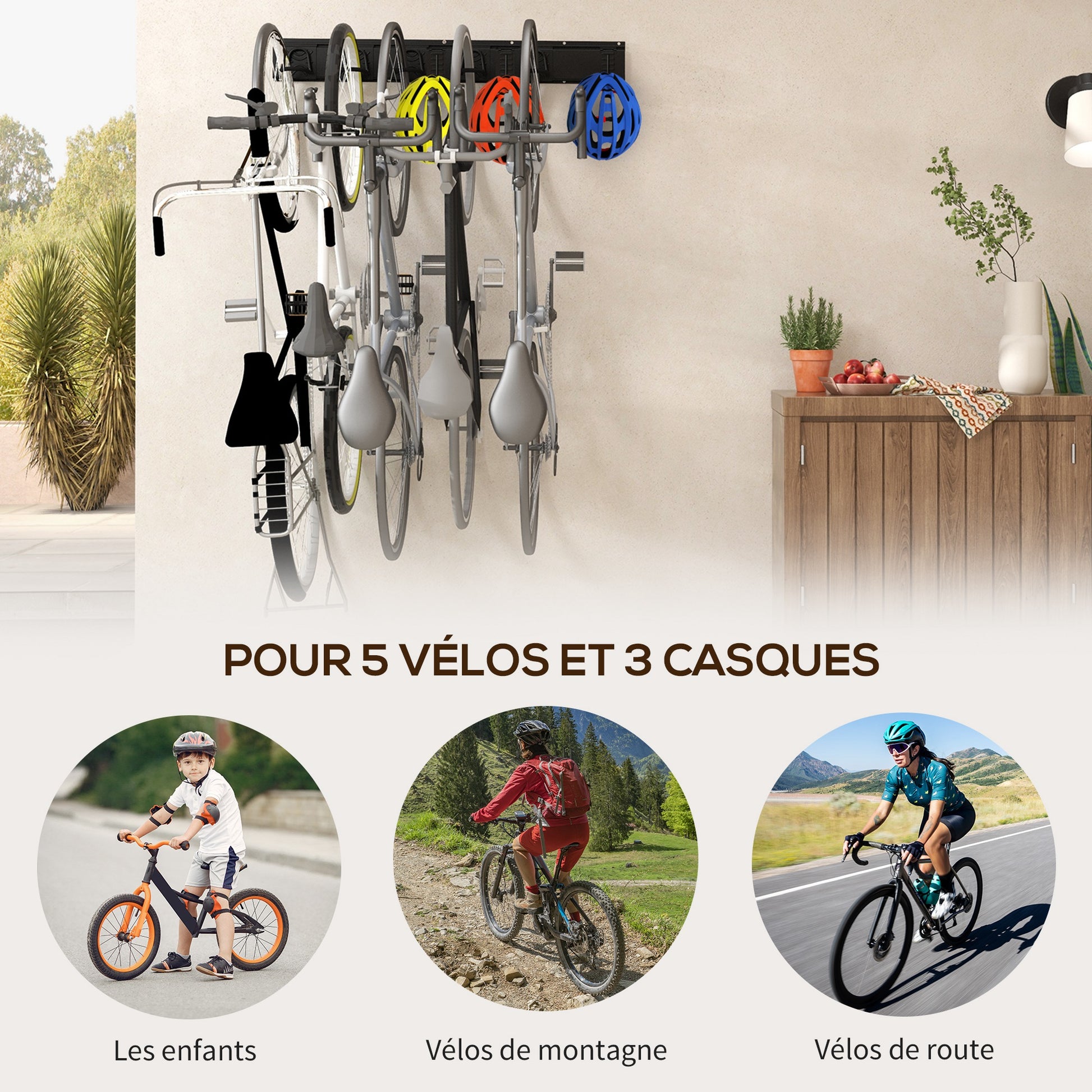 SPORTNOW Wall-Mounted Bike Rack, Bike Storage Rack for 5 Bikes and 3 Helmets, Adjustable Storage Hooks, Bike Rack, 121.5 x 10 cm Black