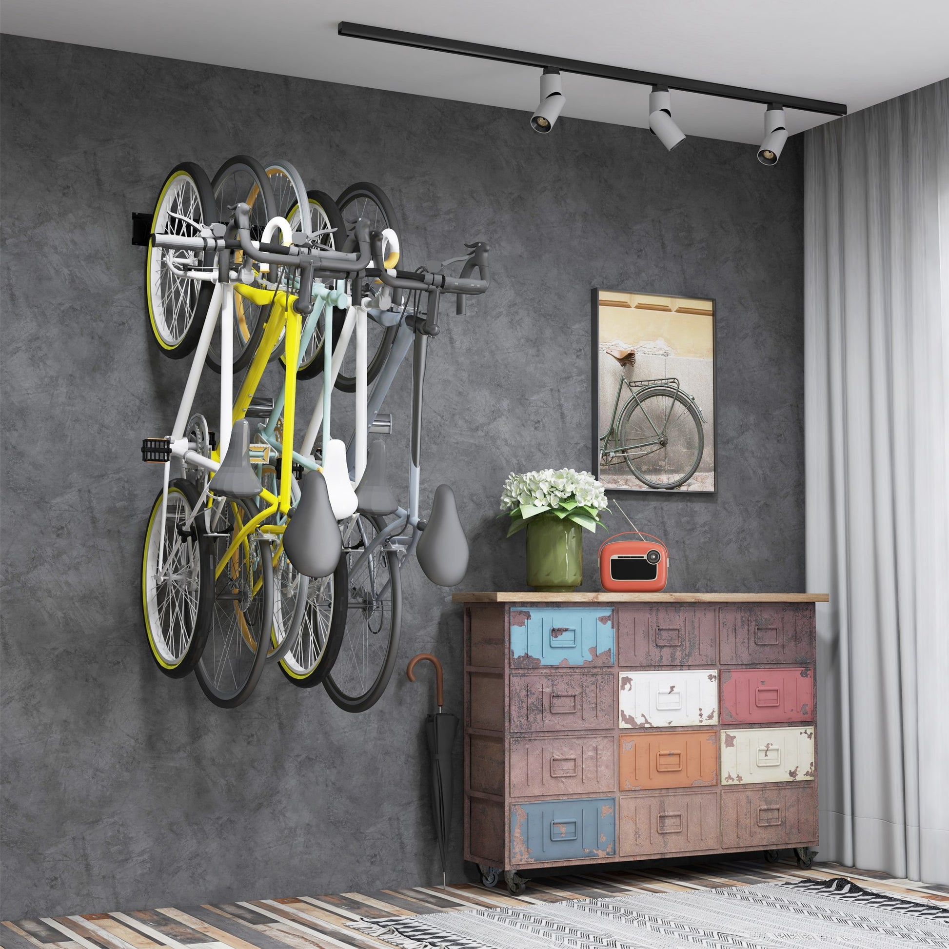 SPORTNOW Wall-Mounted Bike Rack, Bike Storage Rack for 5 Bikes and 3 Helmets, Adjustable Storage Hooks, Bike Rack, 121.5 x 10 cm Black